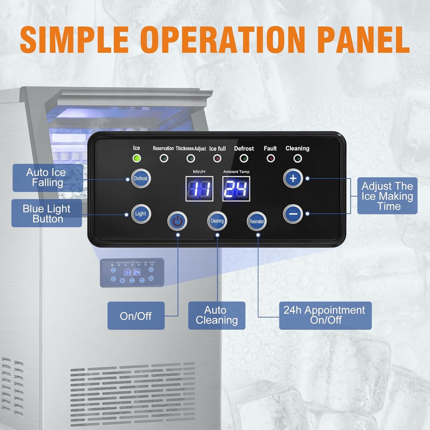 Commercial Ice Maker Machine, 120Lbs/24H with 30Lbs Storage Bin, 40Pcs Ice Cubes 6Mins, 2-Way Add Water Under Counter Freestanding Ice Maker Commercial for Home Bar Office