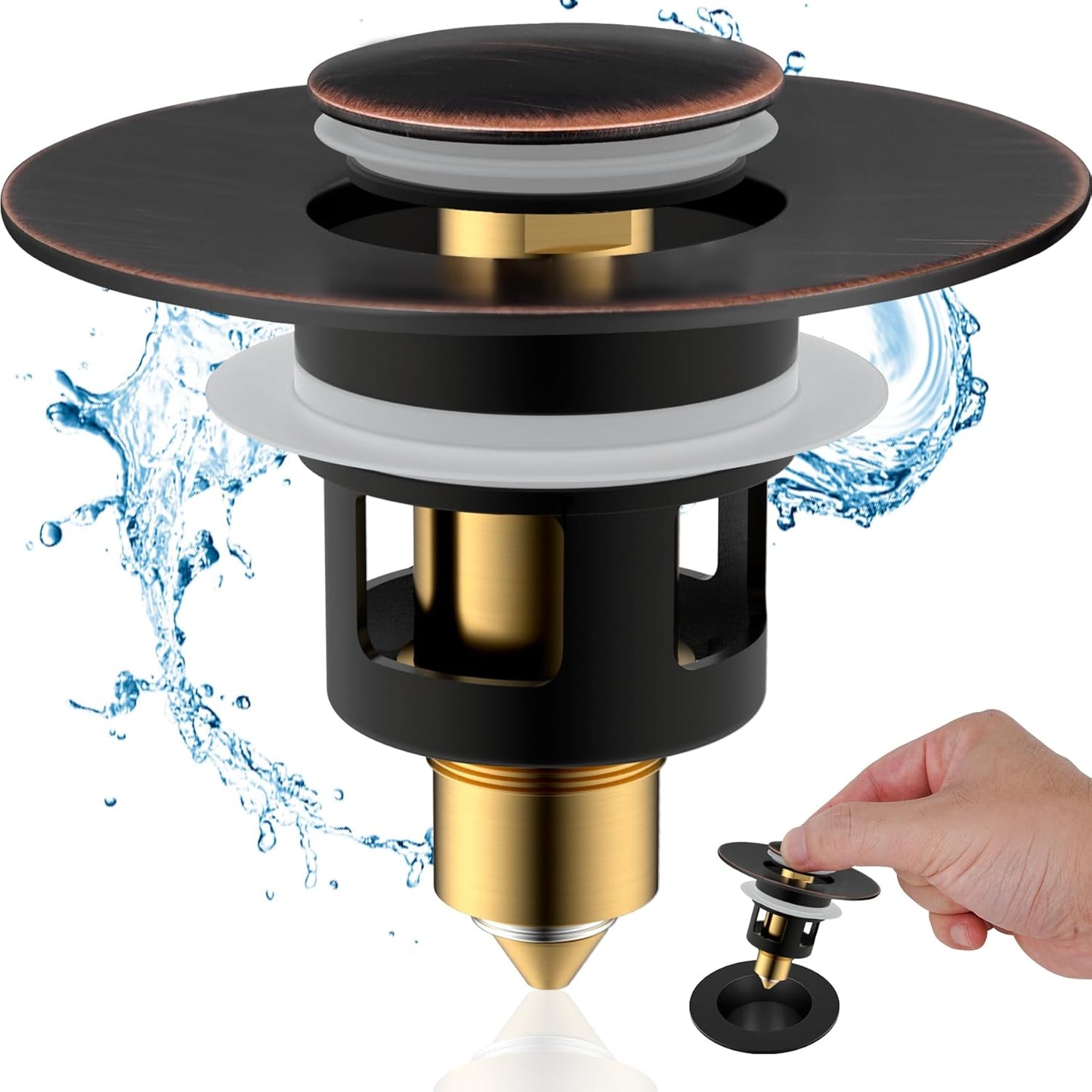 Hibbent All Metal Universal Bathroom Sink Stopper for 1.1''~2.3'' Basin, Pop Up Sink Drain Strainer, Brass Bullet Core Push Type Stopper, Stainless Steel Anti Clogging Drain Filter, Oil-Rubbed Bronze