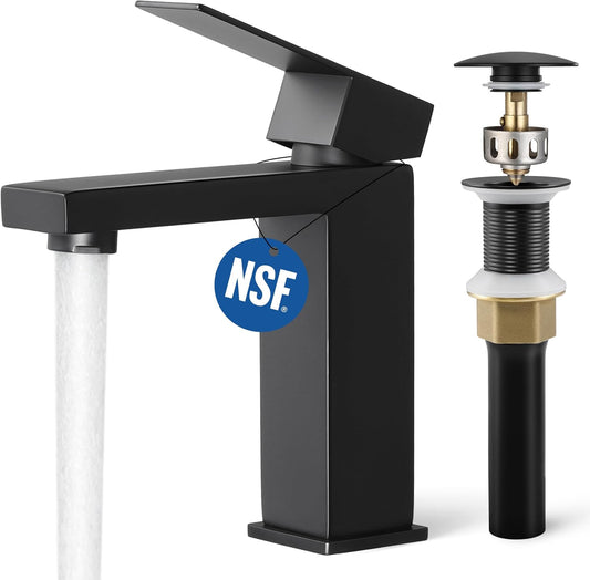 KES Black Bathroom Faucet & Bathroom Sink Drain Without Overflow, Single Handle Type Faucet with Pop Up Drain Stopper Stainless Steel Matte Black, L3156ALFF12-BK-C1