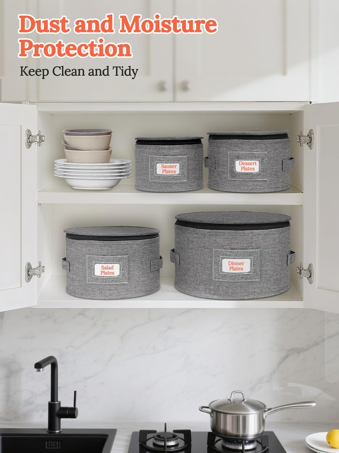 China Storage Containers, 4 Piece Rigid-Shell Dinnerware Storage with Felt Dividers, Stackable Fine China Storage for Plates, Bowls, Glassware, Kitchen Dish Organizer for Moving