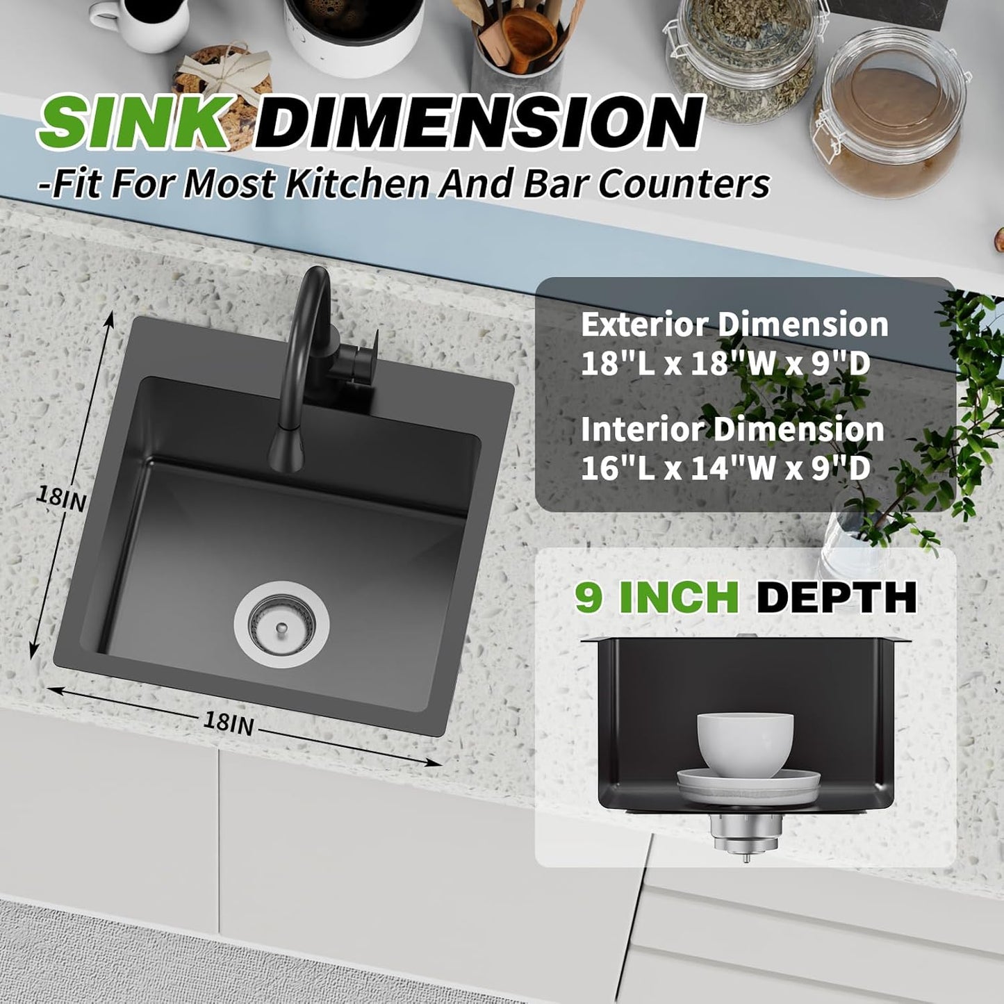 Black 18x18 In Drop In Kitchen And Bar Sink- Stainless Steel Single Bowl Kitchen Sink Modern Topmount Bar Sink With Silicon Mat,Drain Strainer Set Compatibility With Various Kitchen & Bar Style