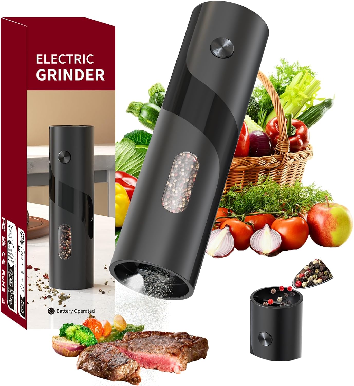 CIRCLE JOY Electric Pepper Mill Top-Refill Battery Operated Black Pepper Grinder with Upgraded Large Capacity, Adjustable Coarseness, Led Light