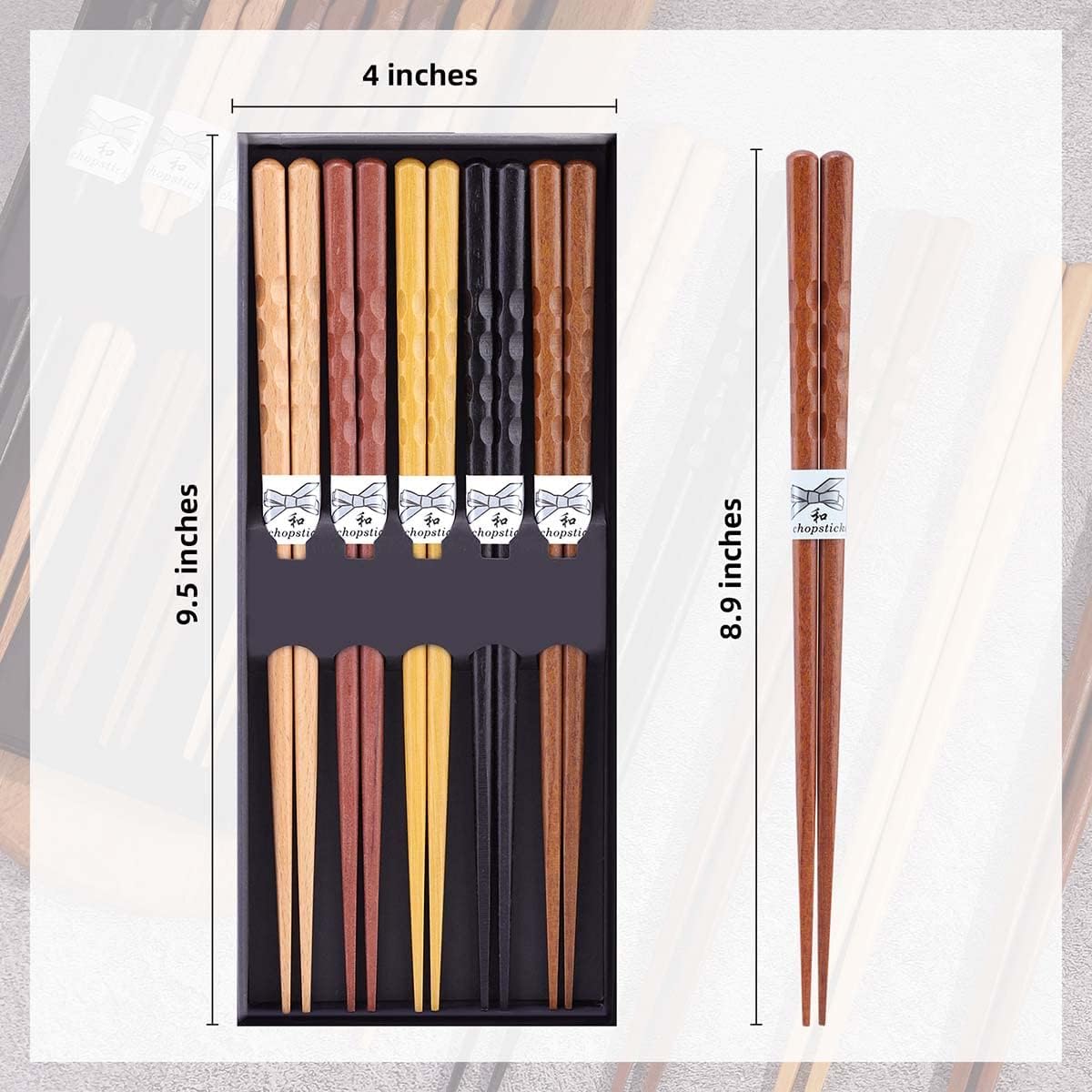 10-Pairs Set of Wooden Chopstick - Reusable Chopsticks and Minimalism Japanese Chopsticks Non-slip Design 8.8 Inch / 22.5 cm Gift Set