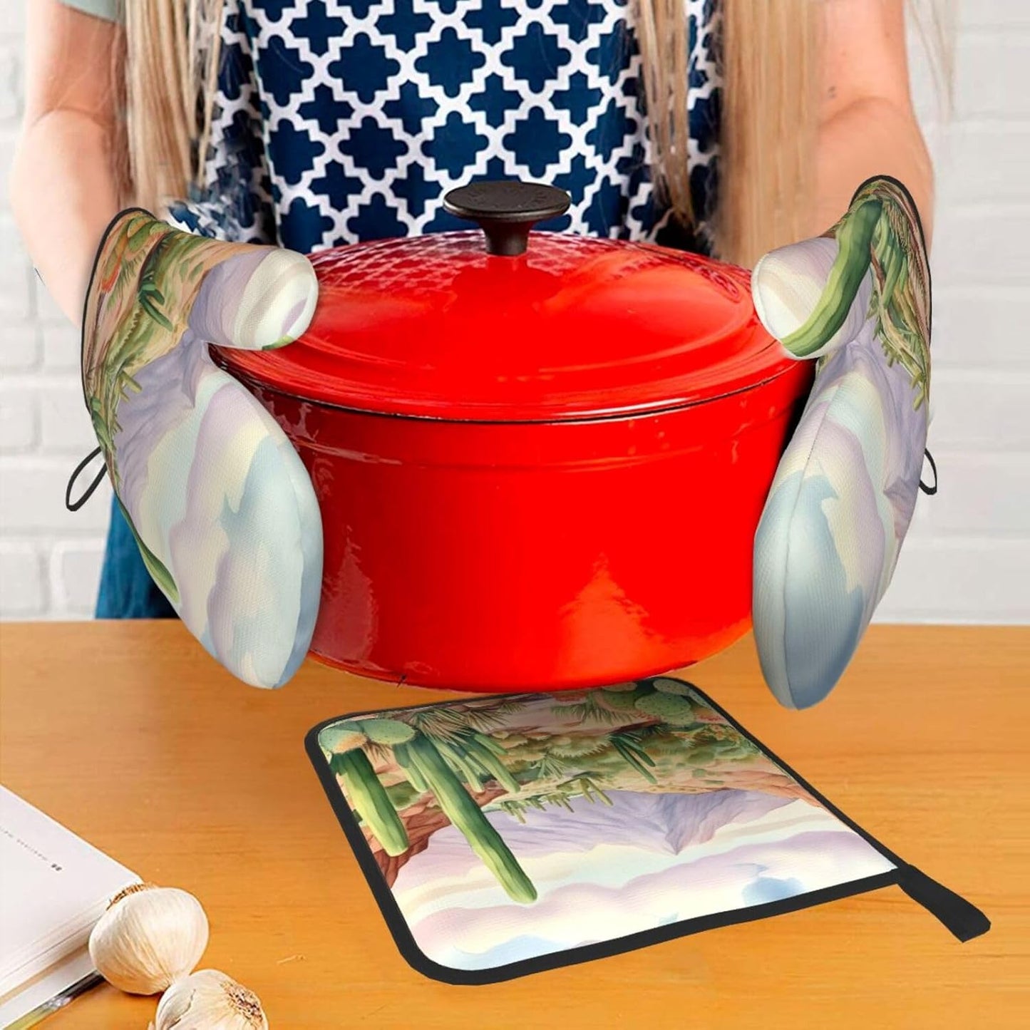 Desert Cactus Oven Mitts and Pot Holders Sets of 3 Heat Resistant Oven Gloves Hot Pads Non-Slip Kitchen Accessories for Baking Cooking Grilling BBQ