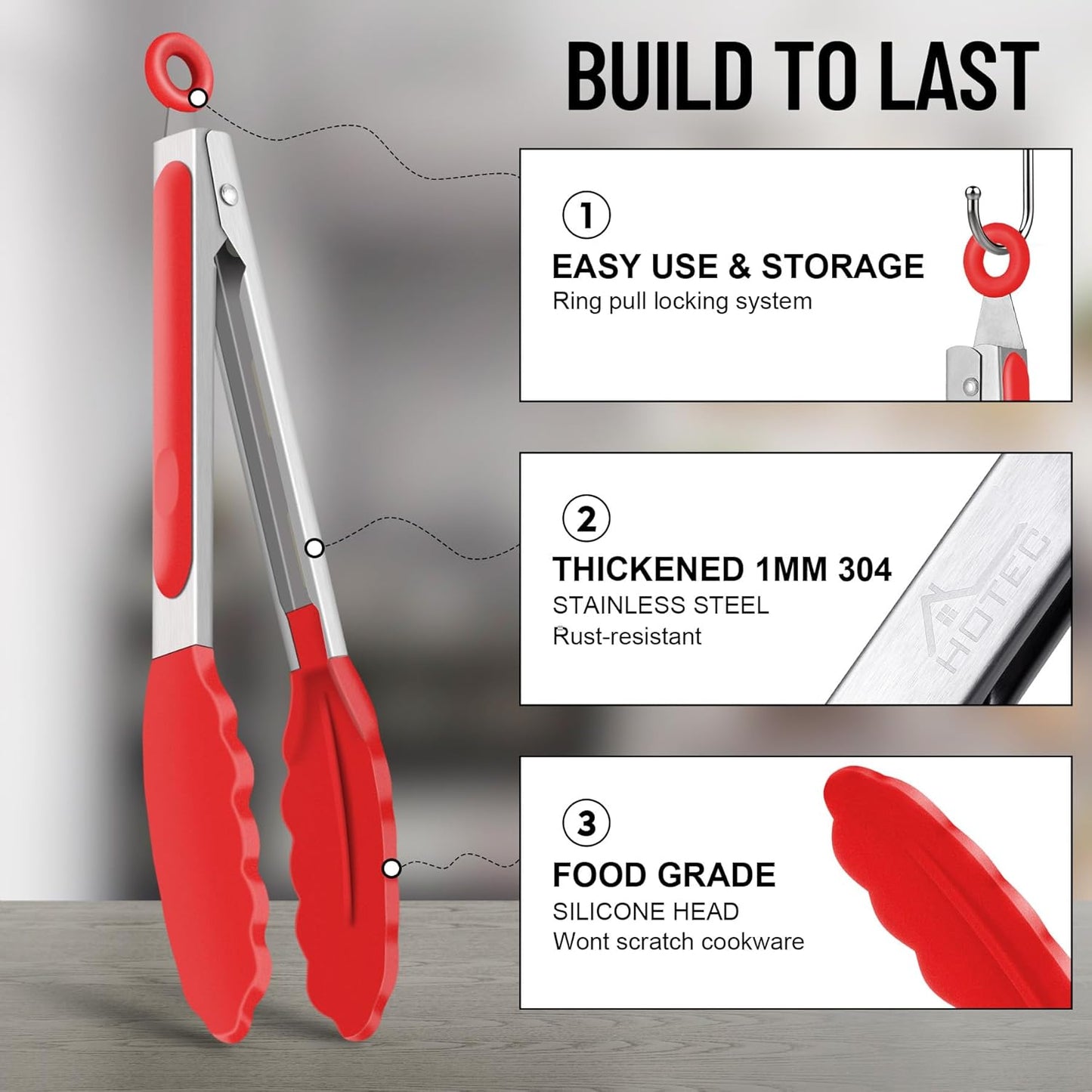 Hotec Silicone Kitchen Tongs for Cooking 9-Inch Serving Tongs with Silicone Tips, Set of 3 (Red Blue Green)