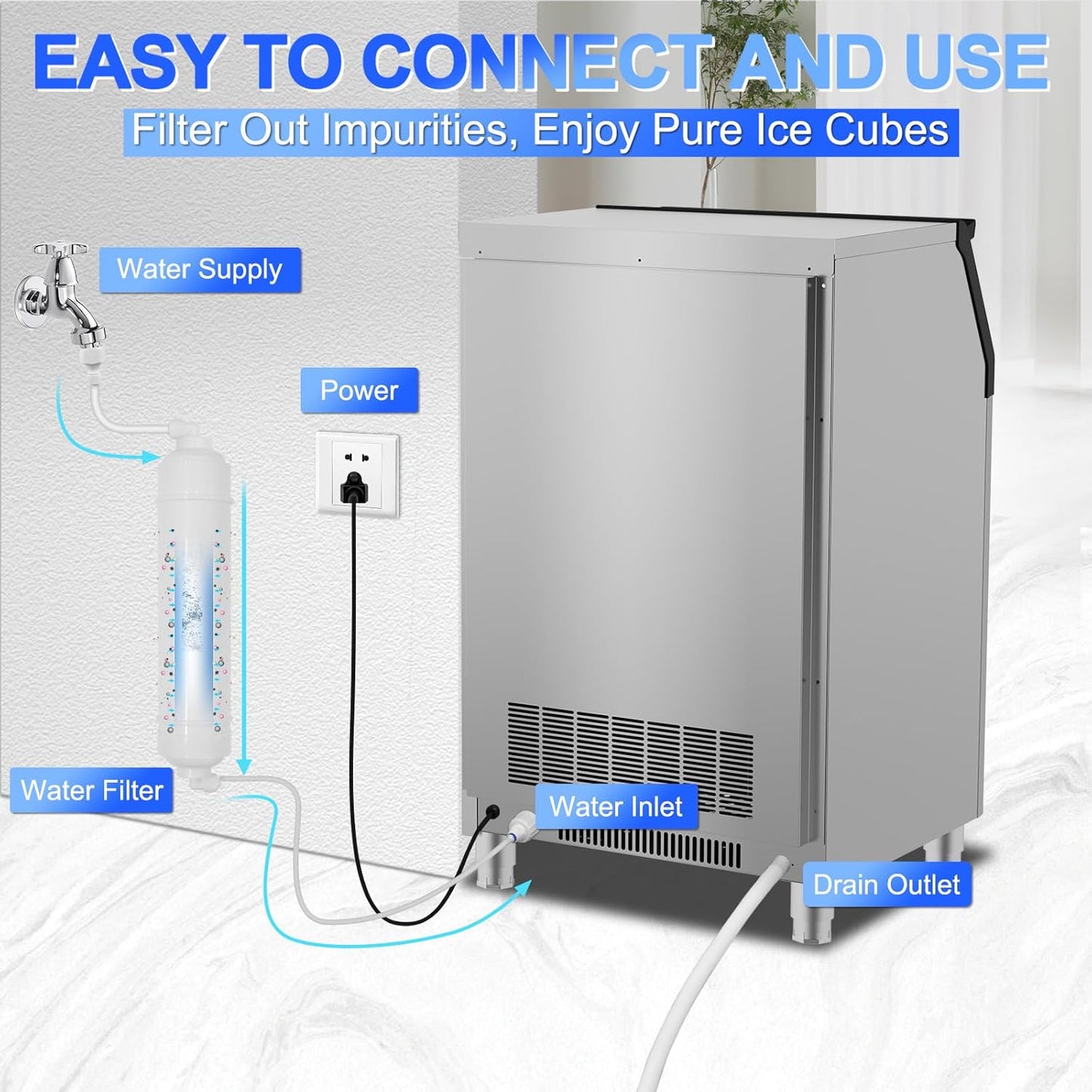 Commercial Ice Maker Machine 350Lbs/24H, 126pcs Ice Cubes Under Counter Ice Machine with Water Line and Filter, Freestanding Ice Maker Machine with 150Lbs Storage ice Bin for Home/Shop/Office/Bar