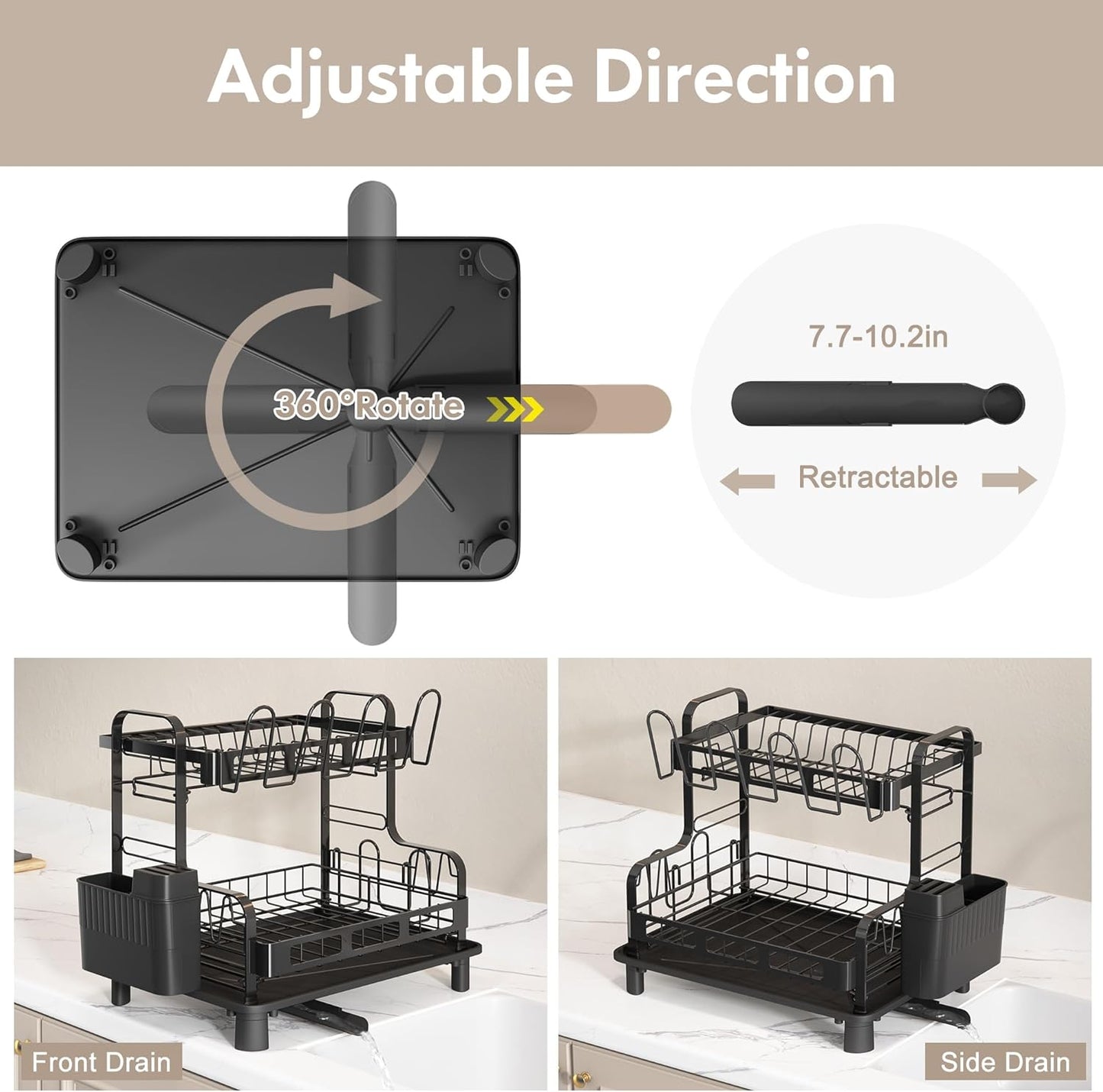 BOOSINY Dish Drying Rack, 2 Tier Large Stainless Steel Black Dish Rack for Kitchen Counter, Drying Rack with Cups Holder, Utensil Holder and Drainboard Set, Dish Strainer Shelf for Kitchen