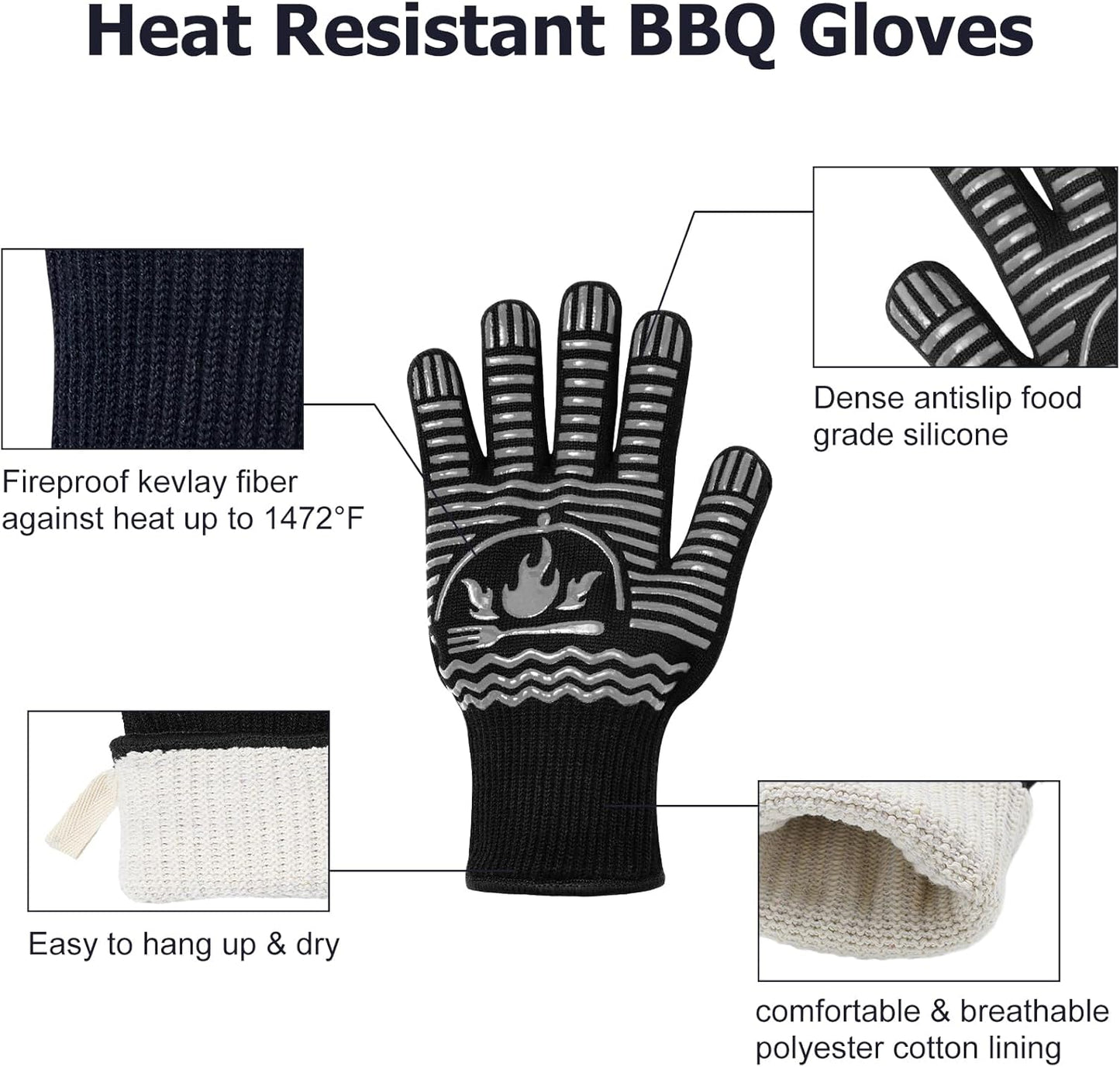 BBQ Gloves, 1472°F Extreme Heat Resistant Grill Gloves, Non-Slip Food Grade Silicone Oven Mitts for Kitchen, Cooking, Barbecue, Baking, Smoker Gray(11inch)