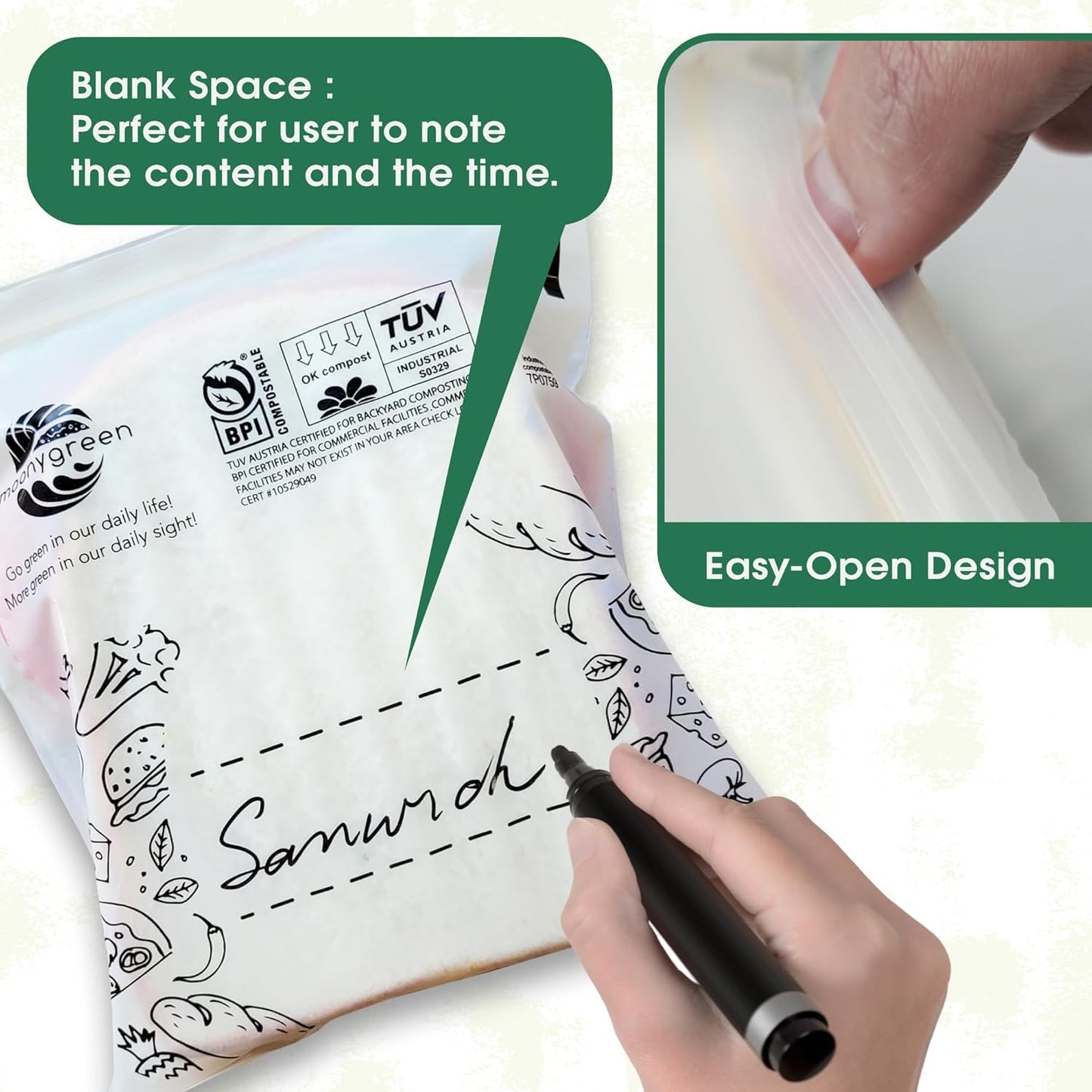 Compostable Food Storage Bags, Large Gallon Resealable Freezer Bags, 50 Count, 10.5 x 10.6 inches, Extra Thick, Certified US BPI ASTM D6400 Europe OK Compost