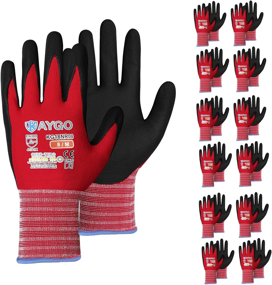 KAYGO Safety Work Gloves MicroFoam Nitrile Coated-12 Pairs, KG18NB,Seamless Knit Nylon Glove with Black Micro-Foam Nitrile Grip,Ideal for General Purpose,Automotive,Home Improvement,medium