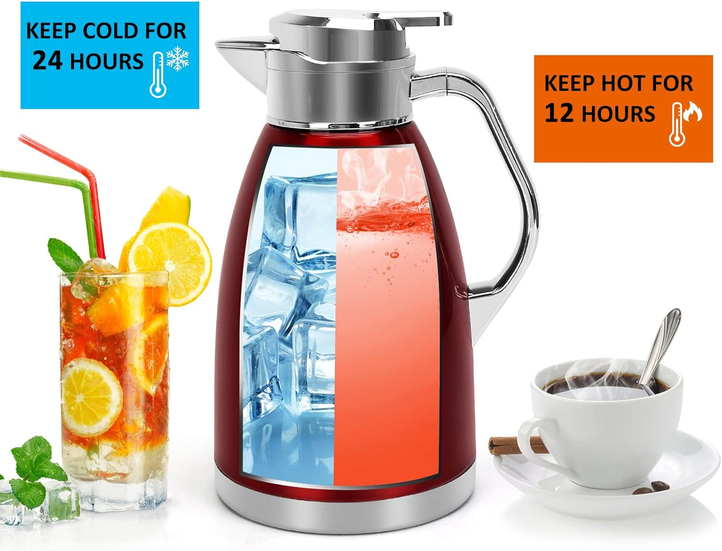 Coffee Carafes for Keeping Hot, ShineMe Stainless Steel Thermal Coffee Carafe, Double Walled Vacuum Coffee Pot, 61oz(1.8L) Insulated Hot Water & Coffee Dispenser, 12H Heat/24H Cold Retention