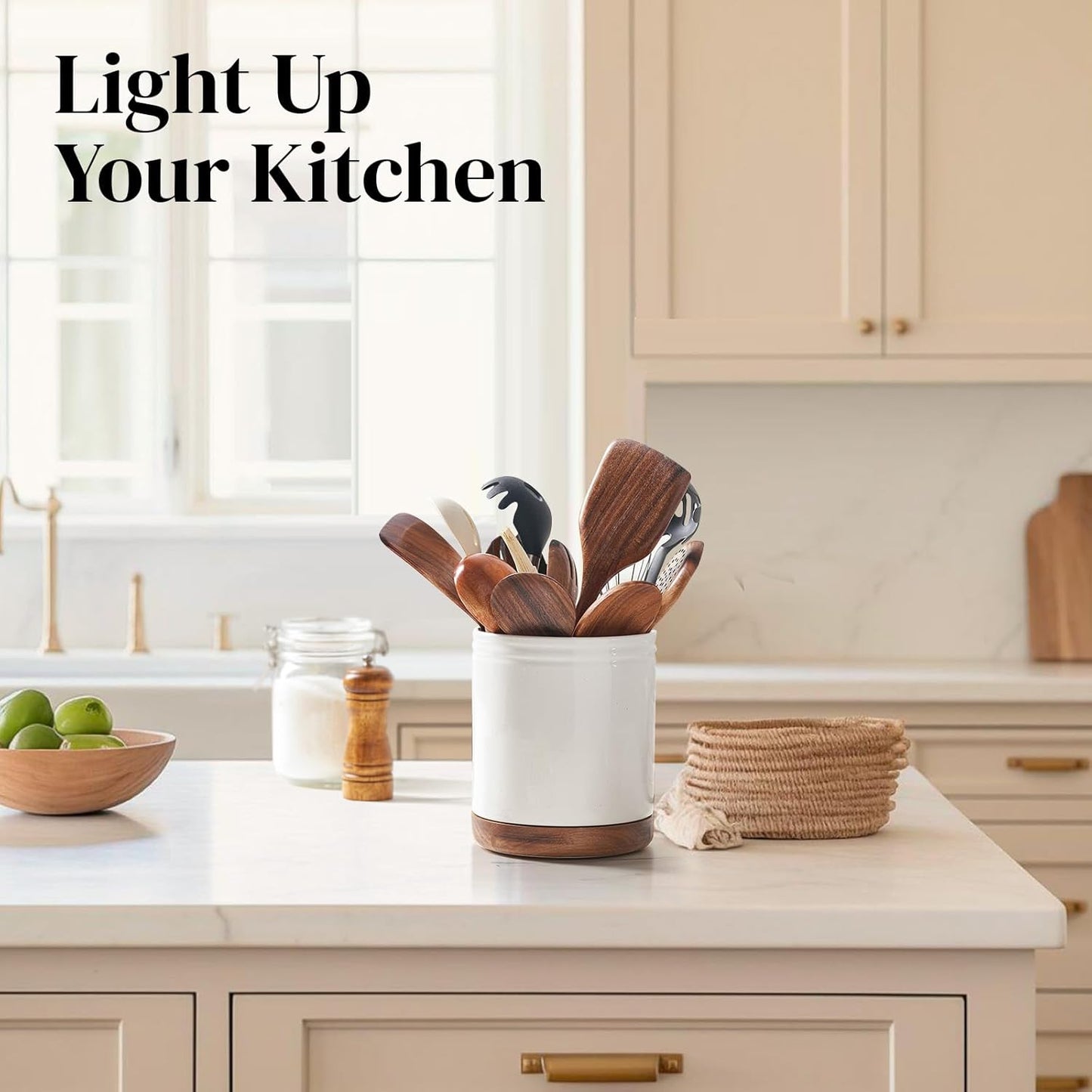 DOWAN 7.6" 360° Rotating Utensil Holder, Kitchen Utensil Holder for Countertop,Large Ceramic Utensil Crock for Kitchen Decor, Protection Cork Bottom, Speck White