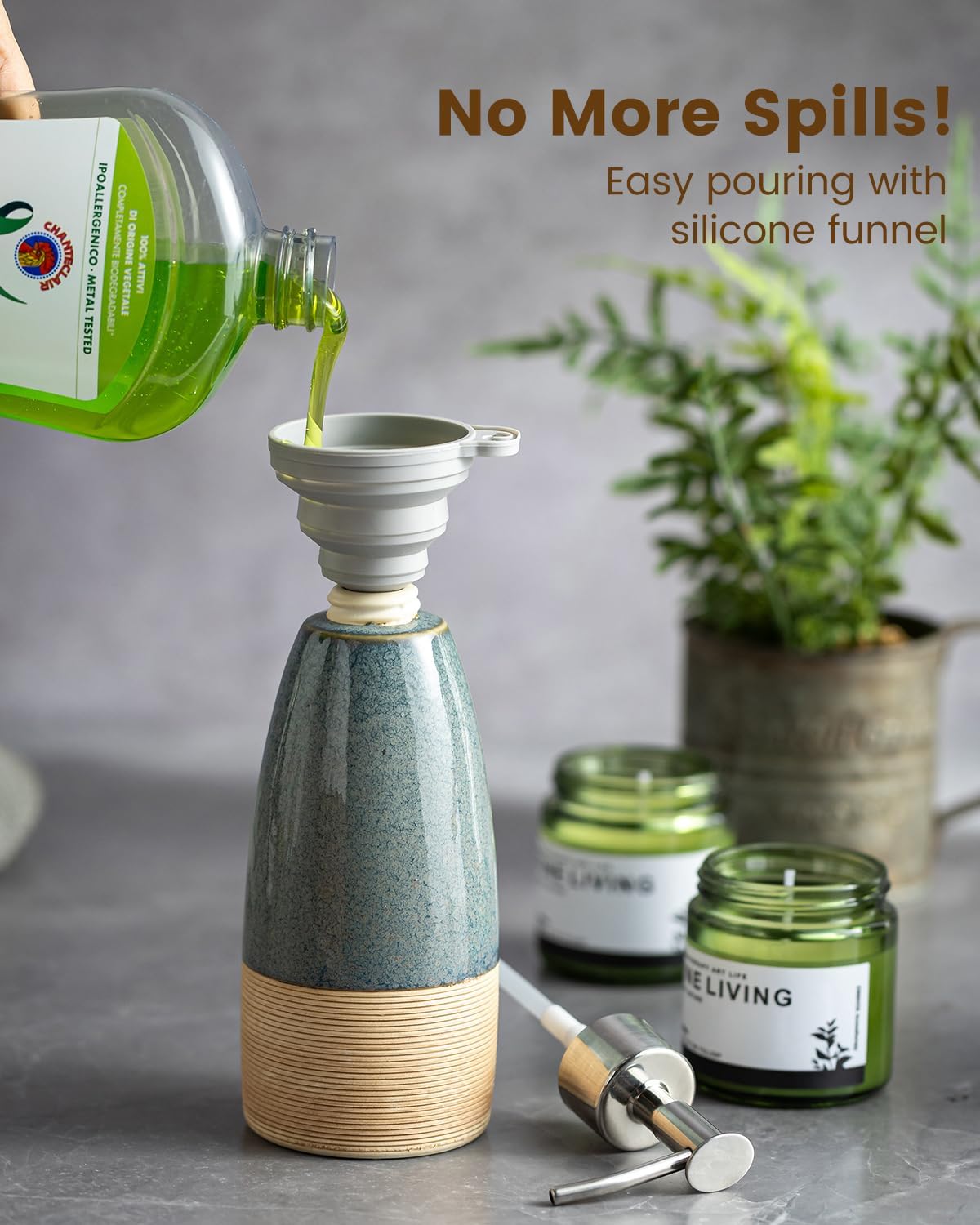 12 oz Dish Soap Dispenser with 2 Pumps, Ceramic Hand Soap Bottle for Shampoo, Body Wash, Lotion, Liquid Dispenser for Kitchen Countertop with Silicone Funnel, Blue