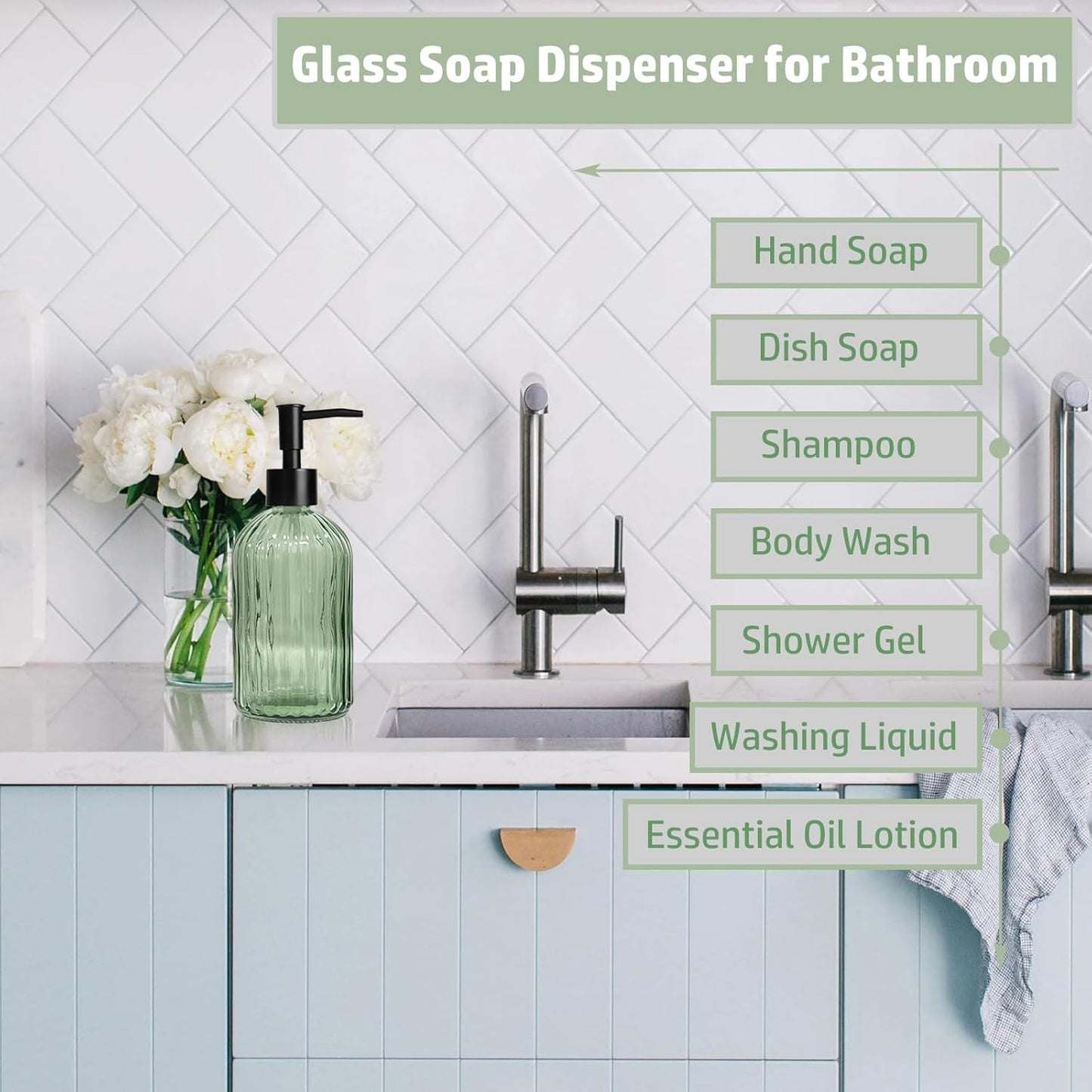 14 Oz Black Pump Glass Soap Dispenser, Green Stripe Countertop Refillable Liquid Bottle Hand Dish Lotion Dispenser with Plastic Pump, for Kitchen, Bathroom