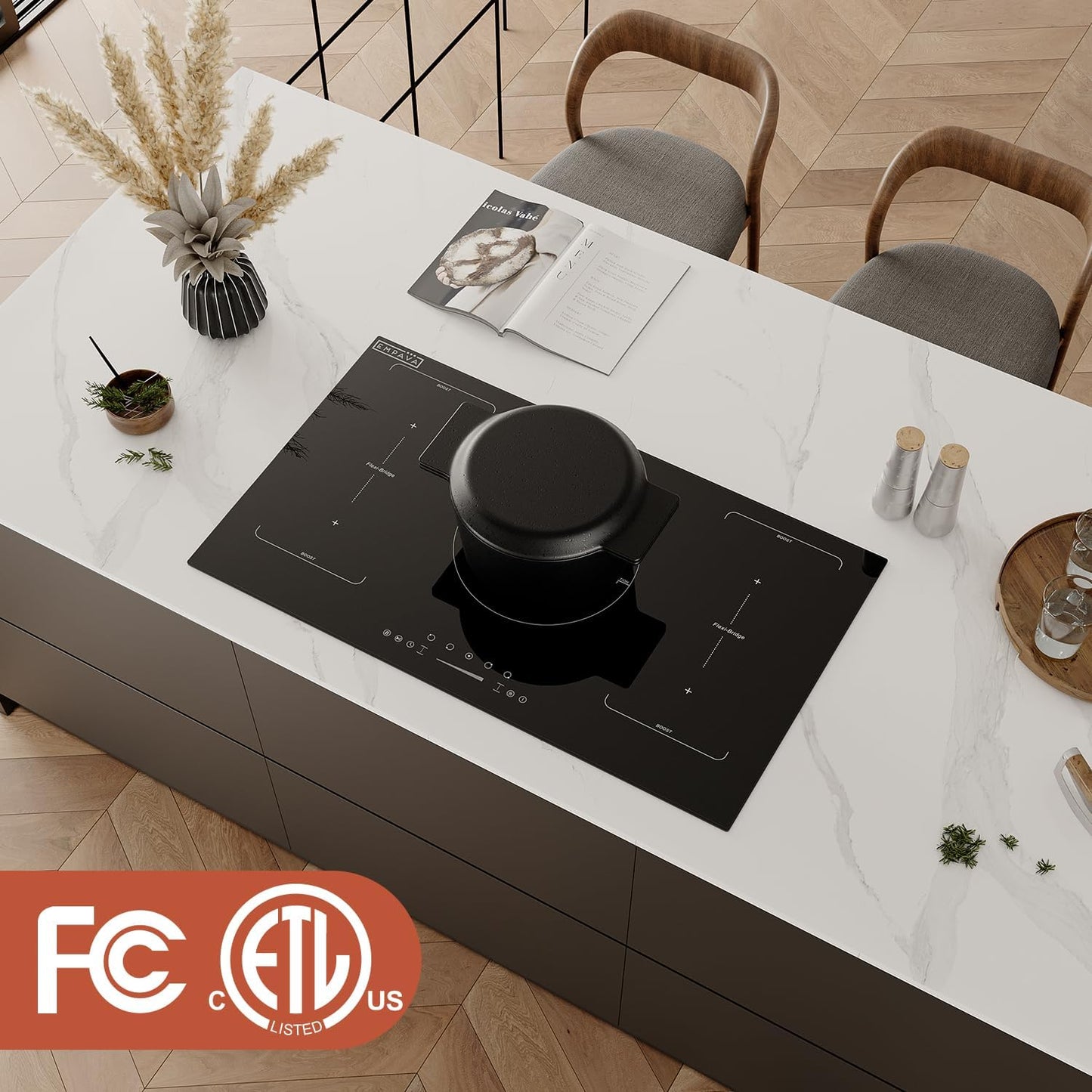 Empava 36 Inch Electric Induction Cooktop 5 Burners, Flat Glass Top Stove with Bridge Function, Timer, Pause, Child Lock, Booster, Slider Level Control, Shutdown, Auto Pan Detection, Black