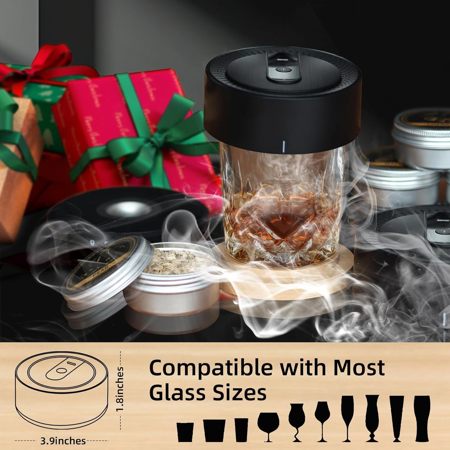 Electric Whiskey Smoker Kit with 6 Wood Chips, Rechargeable Cocktail Smoker Kit Built in Lighter, Old Fashioned Drink Smoker Kit, Bourbon Whiskey Gifts for Men,Dad,Husband.(NO Butane Needed)