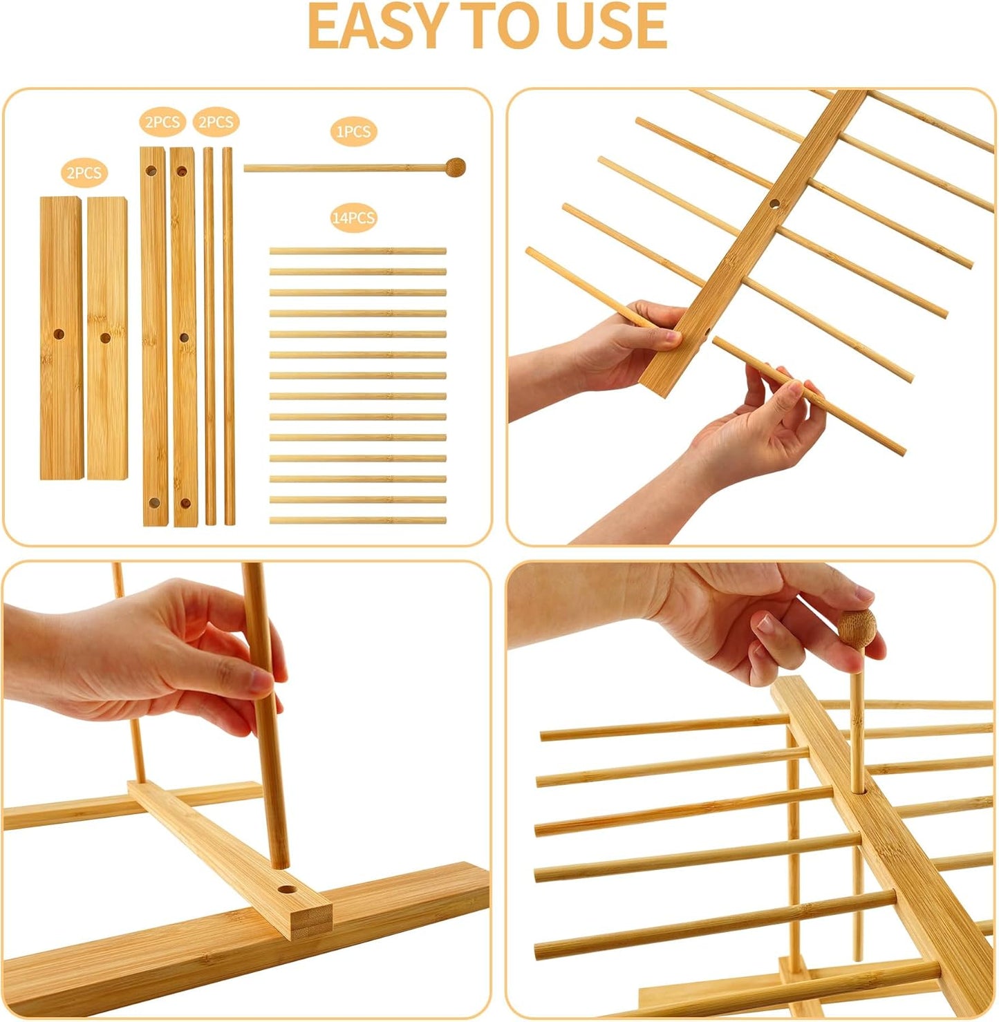 Bamboo-Pasta-Drying-Rack With Transfer Wand & 14 Arms, Large Tall Collapsible Fresh Pasta Dryer Holder For Homemade Noodle, Spaghetti, Tagliatelle, Detachable Fettuccine Hanger Stand With 14 Bars