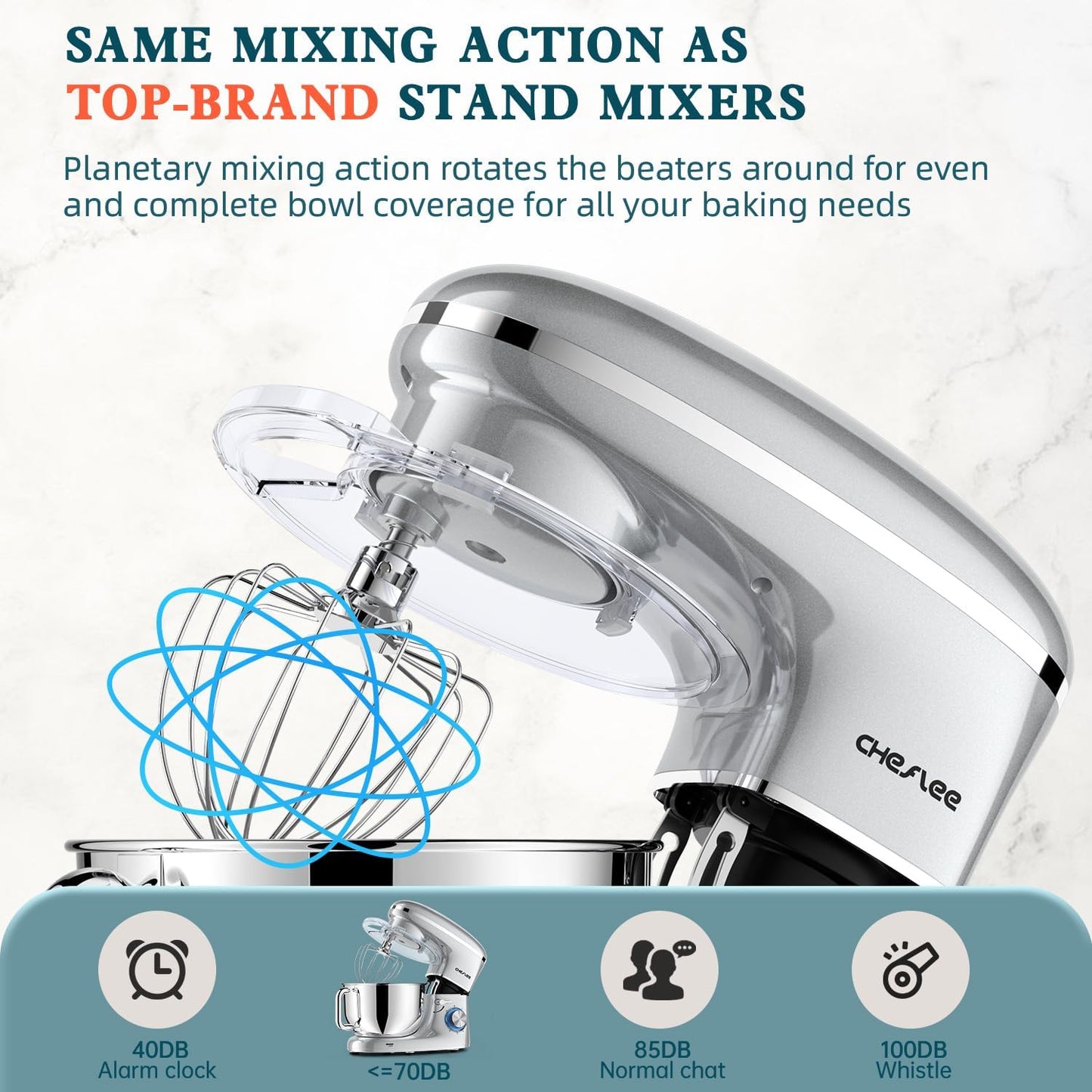 CHeflee Stand Mixer,600W 6+P With 6.5QT Stainless Steel Bowl,Dough Hook, Wire Whip & Beater,for Most Home Cooks,Silver