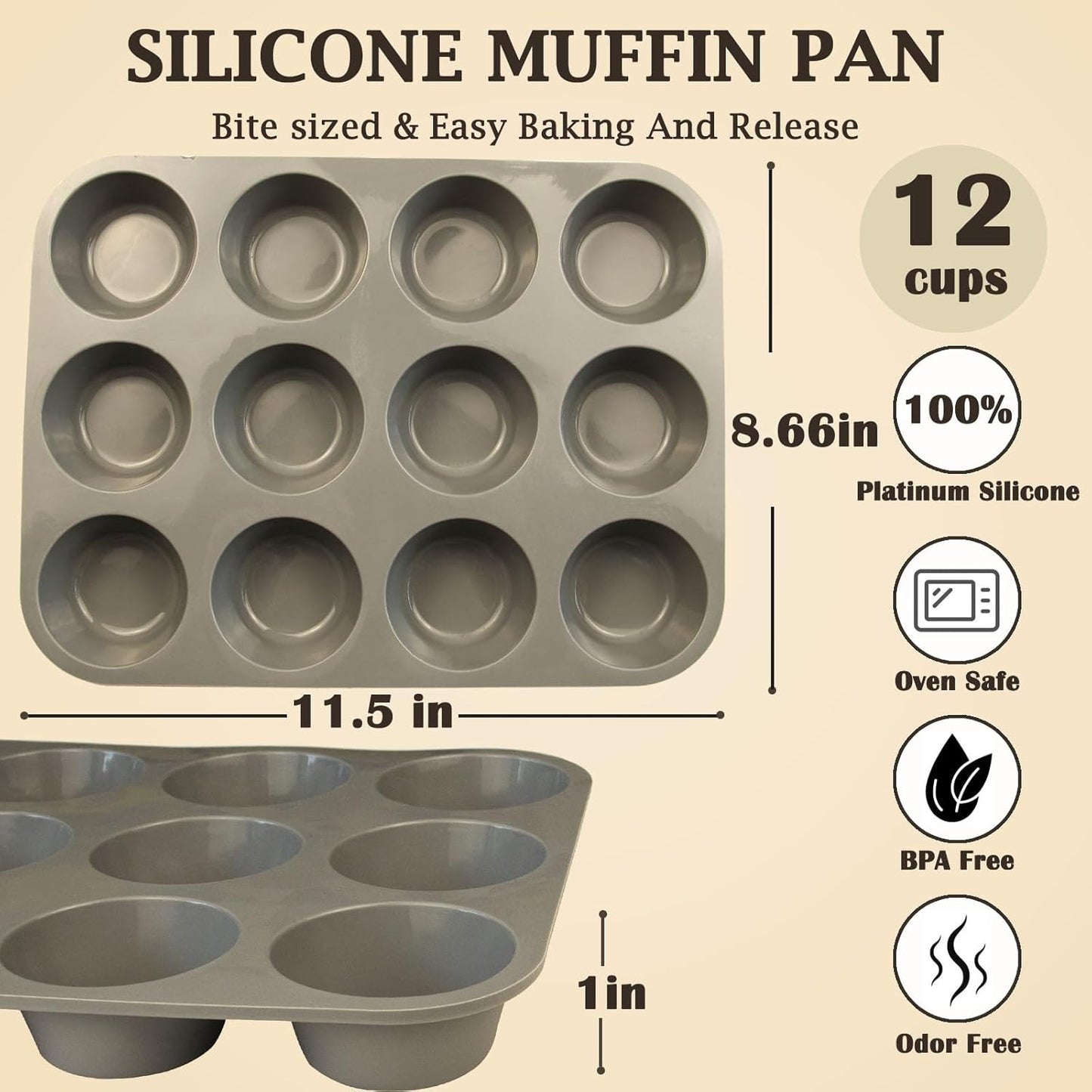 12 Cups Silicone Mini Muffin Pan Set, Nonstick Mini Cupcake Pans, BPA Free Small Muffin Tin for Baking, Set of 2 (Gray+Gray)