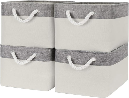 Organization and Storage Basket for Organizing - Large 4 Pack 16x12x8 inch Fabric Storage Cube Collapsible Baskets for Shelves, Storage Bins for Cloth Books (Grey & White)