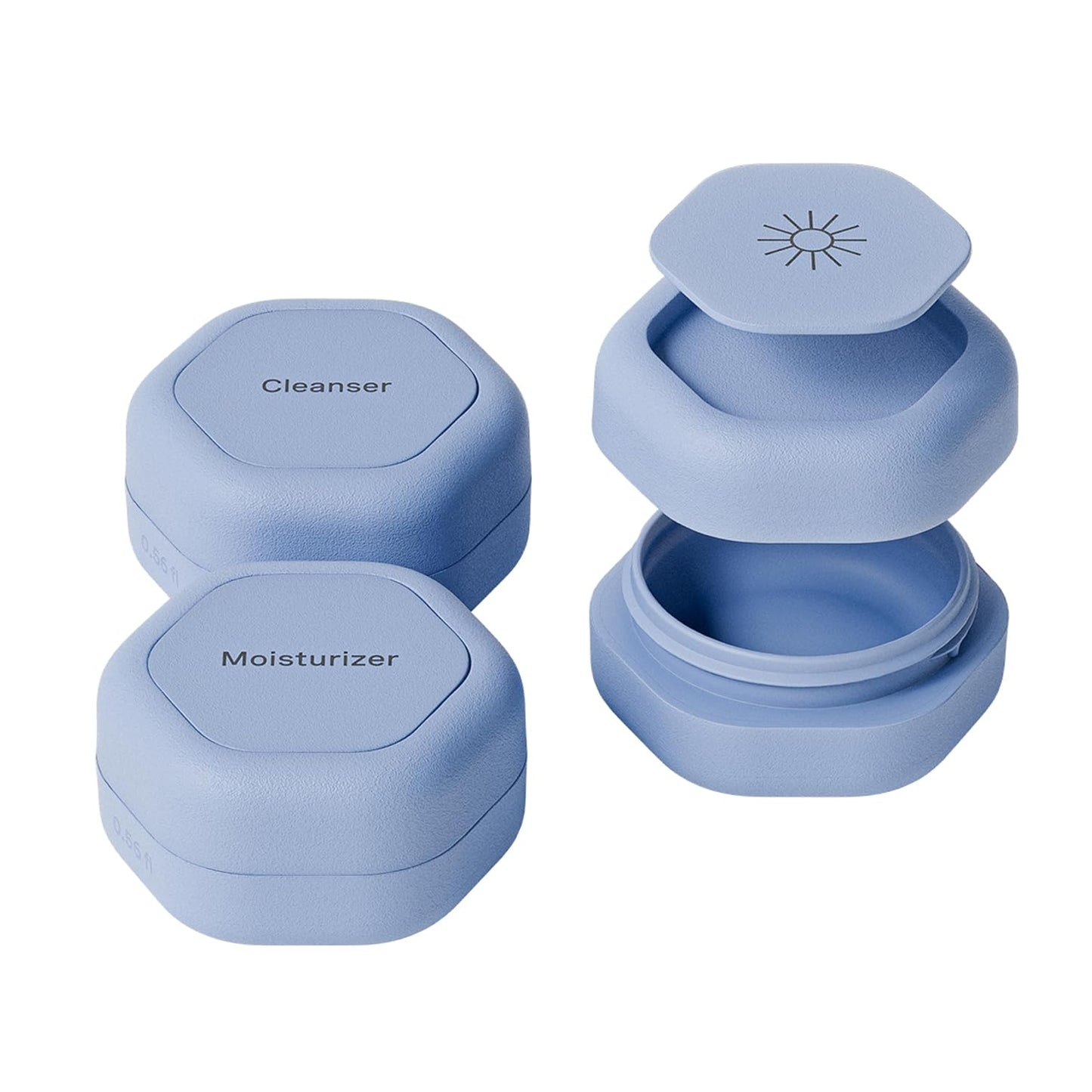 Cadence Travel Containers Basic Skincare Set - Magnetic Containers with Lids,Carry On Travel Essentials For Women/Men - 3 Small Capsules (0.56oz) - Cleanser, Moisturizer & Sun-Icon Labels - Pacific