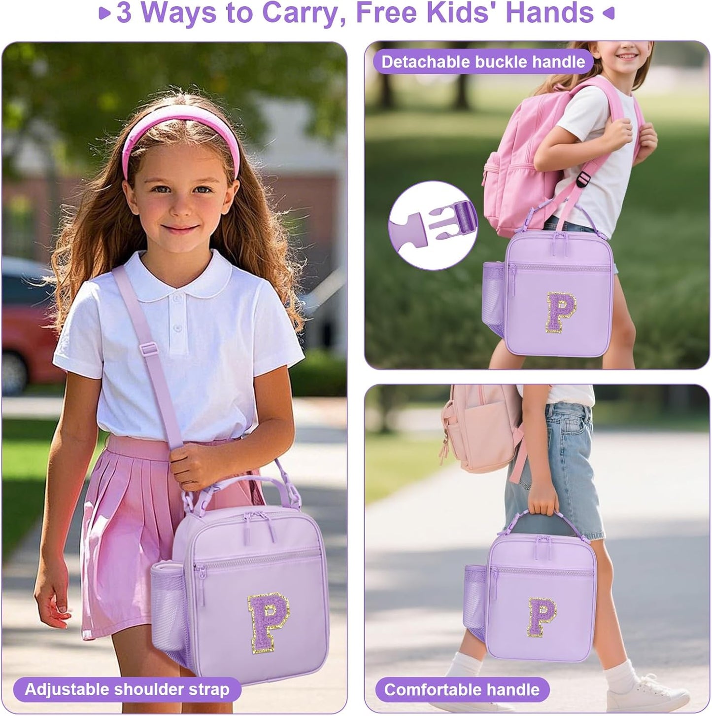 Initial Insulated Lunch Bag for Girls Kids, Back to School Gift, Reusable Leak-proof Lunch Box with Adjustable Strap for School Daycare Travel Picnic (Purple,P)
