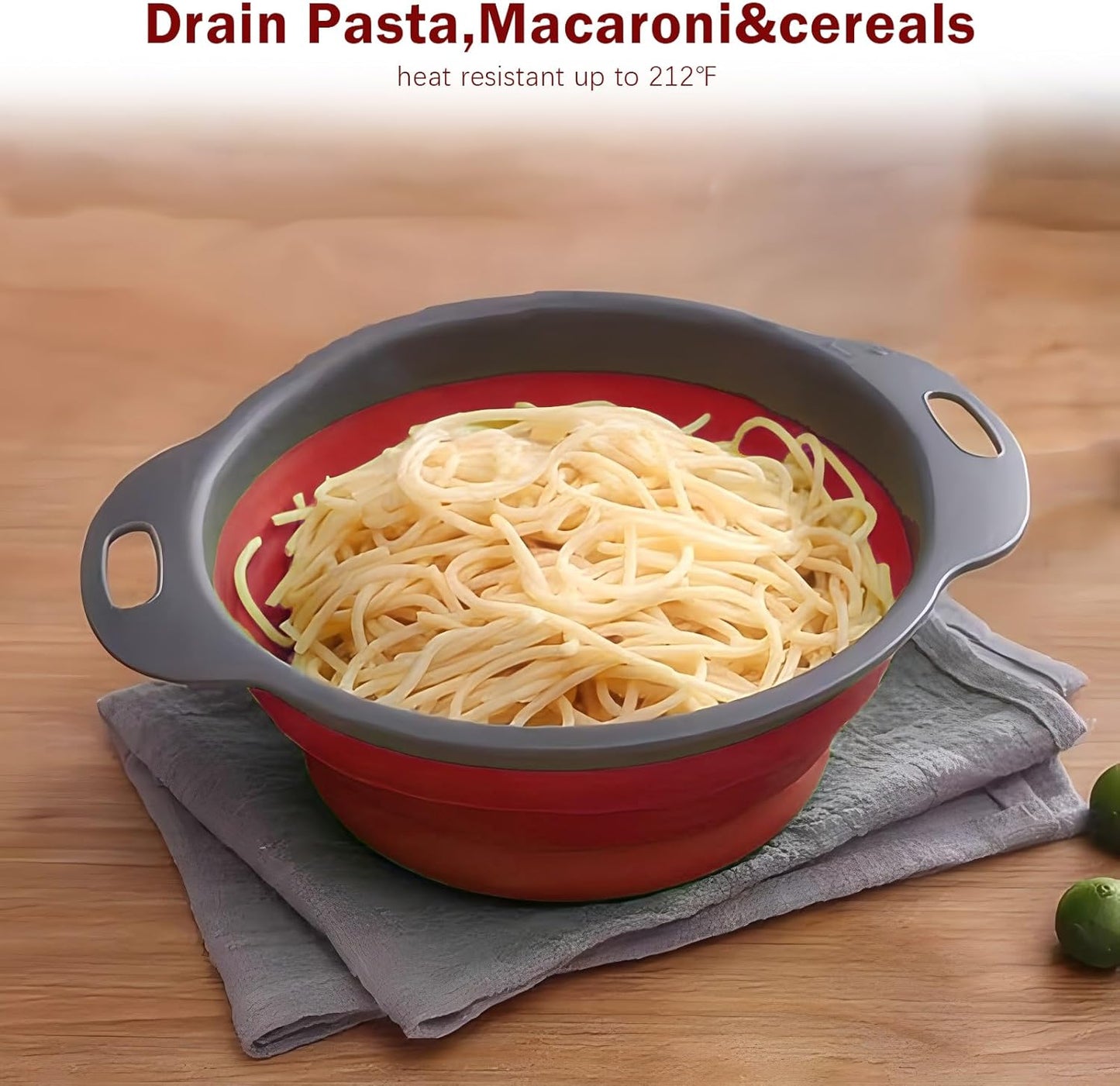 Collapsible Colander Set of 2 Silicone Kitchen Strainer Set, Perfect for Draining Pasta, Vegetable and fruit for Kitchen and Travel Use (Red)