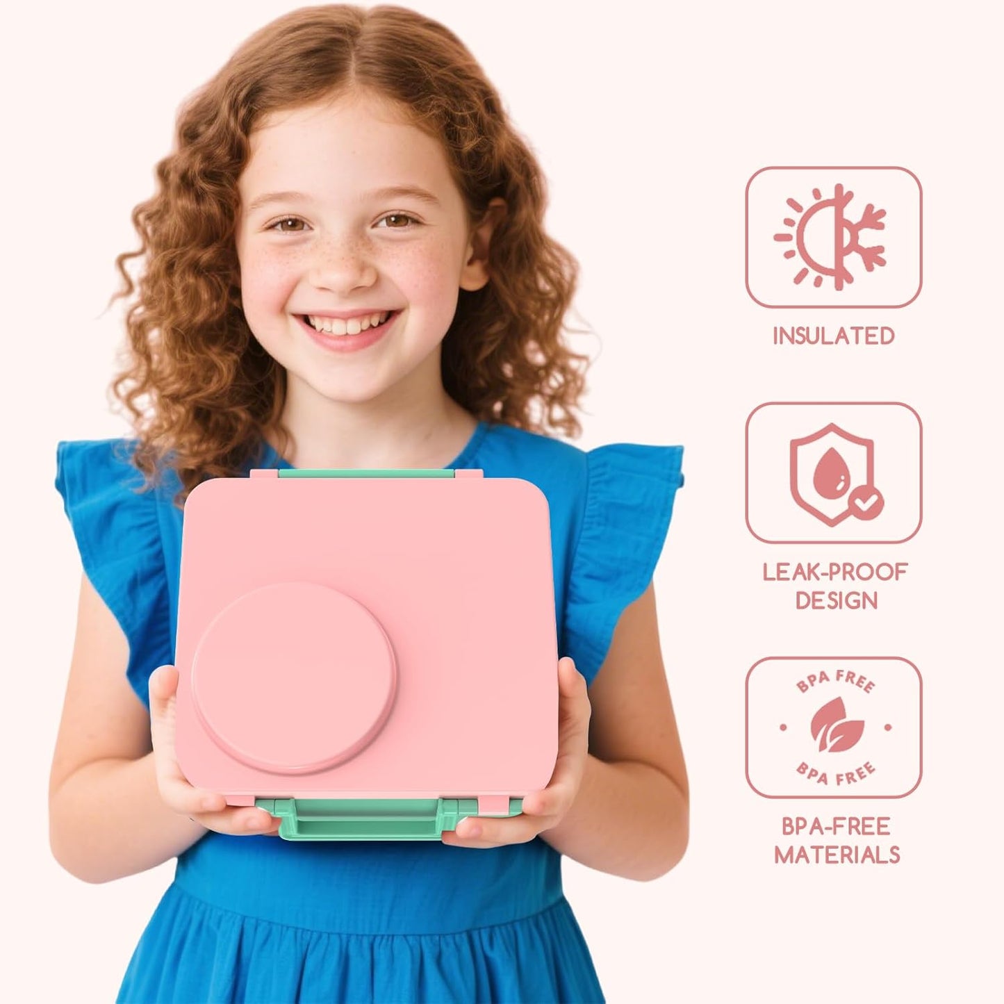 Bento Box for Kids - Leak-Proof Lunch Box with Insulated Thermos Food Jar - 4 Compartments, 1 Removable Divider, 1Spoon, 1 Fork - Dishwasher Safe, BPA-Free (Light pink)