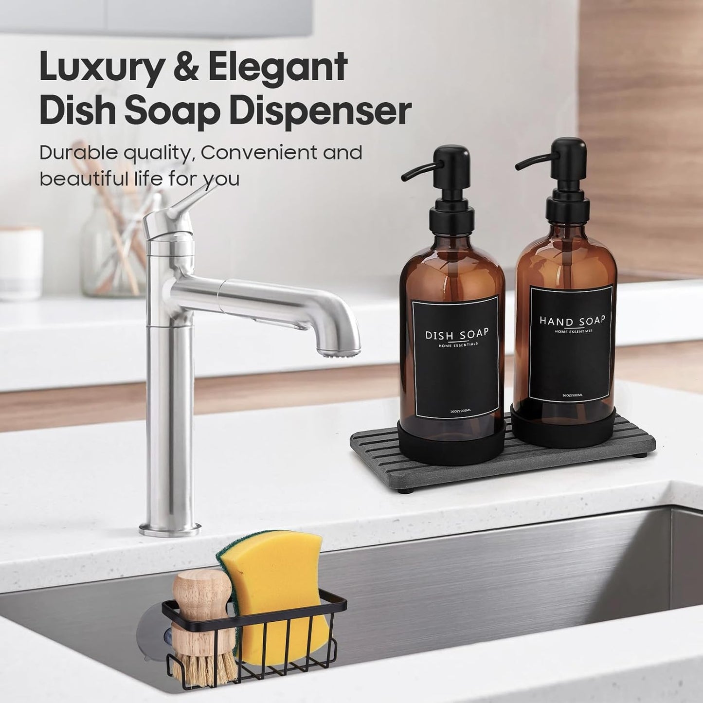 Kitchen Soap Dispenser Set with Instant Dry Tray & Sponge Holder,16 Oz Hand and Dish Soap Amber Glass Dispenser Set,Stainless Steel Pump,Waterproof Labels,Luxury Soap Bottle for Bathroom