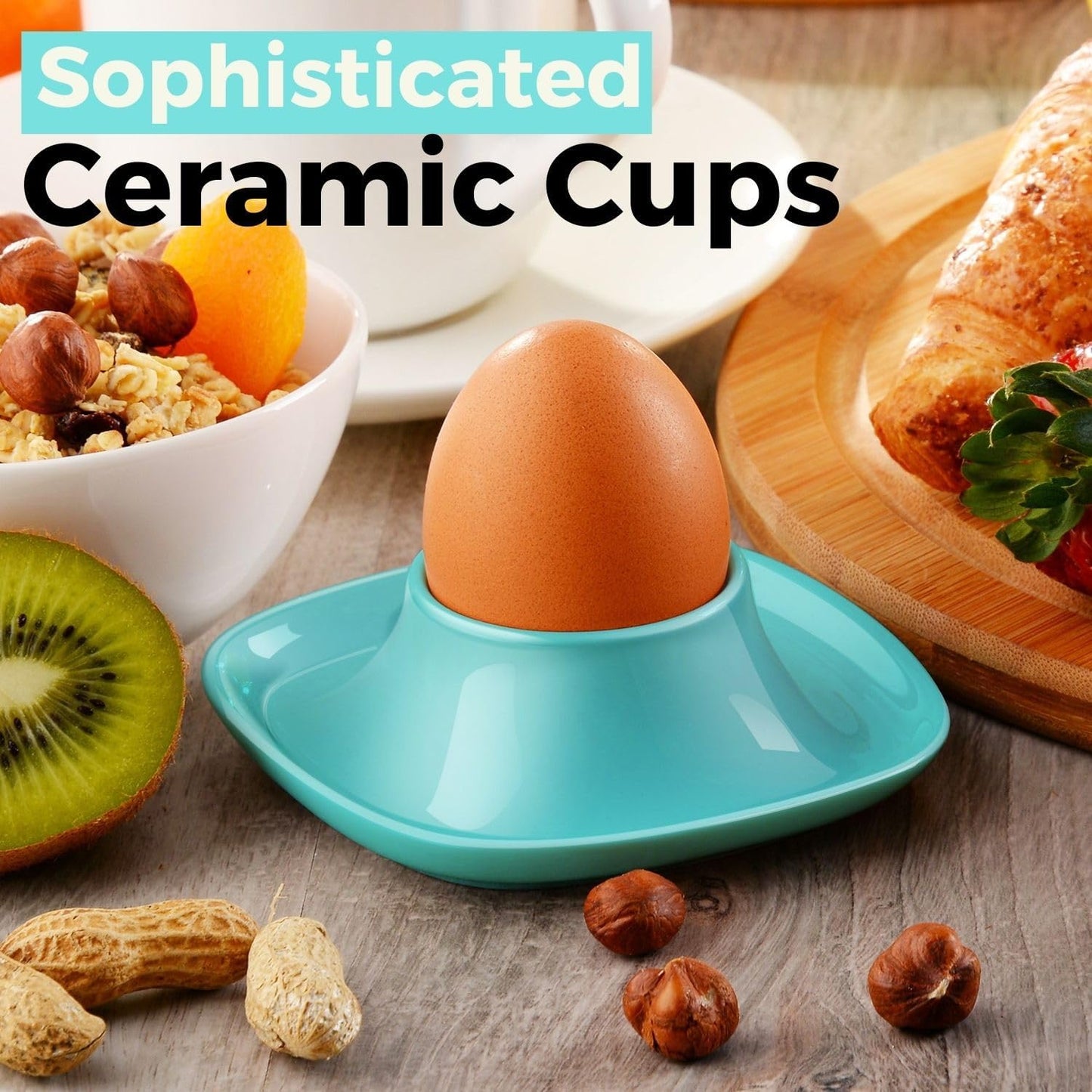 Flexzion Egg Cups for Soft Boiled Eggs - Set of 6 Ceramic Egg Holder - Stackable Egg Coddler Cups with Base for Serving, Breakfast, Brunch - Kitchen Table Decor, Blue