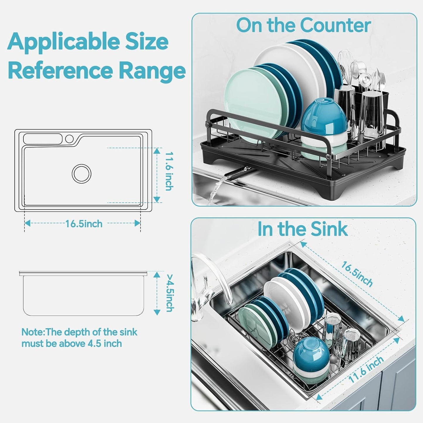 Dish Drying Rack Kitchen - Dish Racks for Kitchen Counter Space-Saving, Dish Drainer with Automatic Drain and Adjustable Spout, Dishwasher Rack with Cutlery Holder, 16.5" D x 11.6" W x 6.6" H
