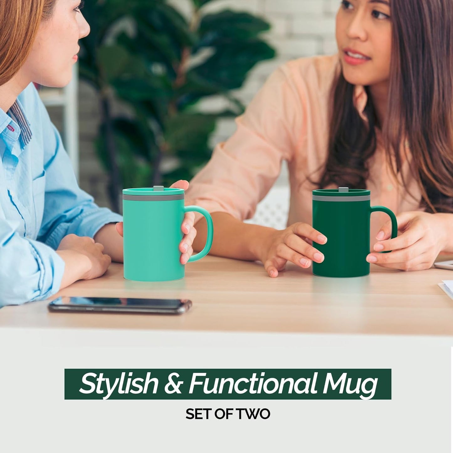 Copco Iconic 16oz Double Wall Insulated Desk Mug with Lid & Handle, Set of 2, BPA-Free Reusable Plastic, Spill-Proof, Microwave & Dishwasher Safe, Wide Mouth, Cup Holder Friendly (Green/Hunter Green)