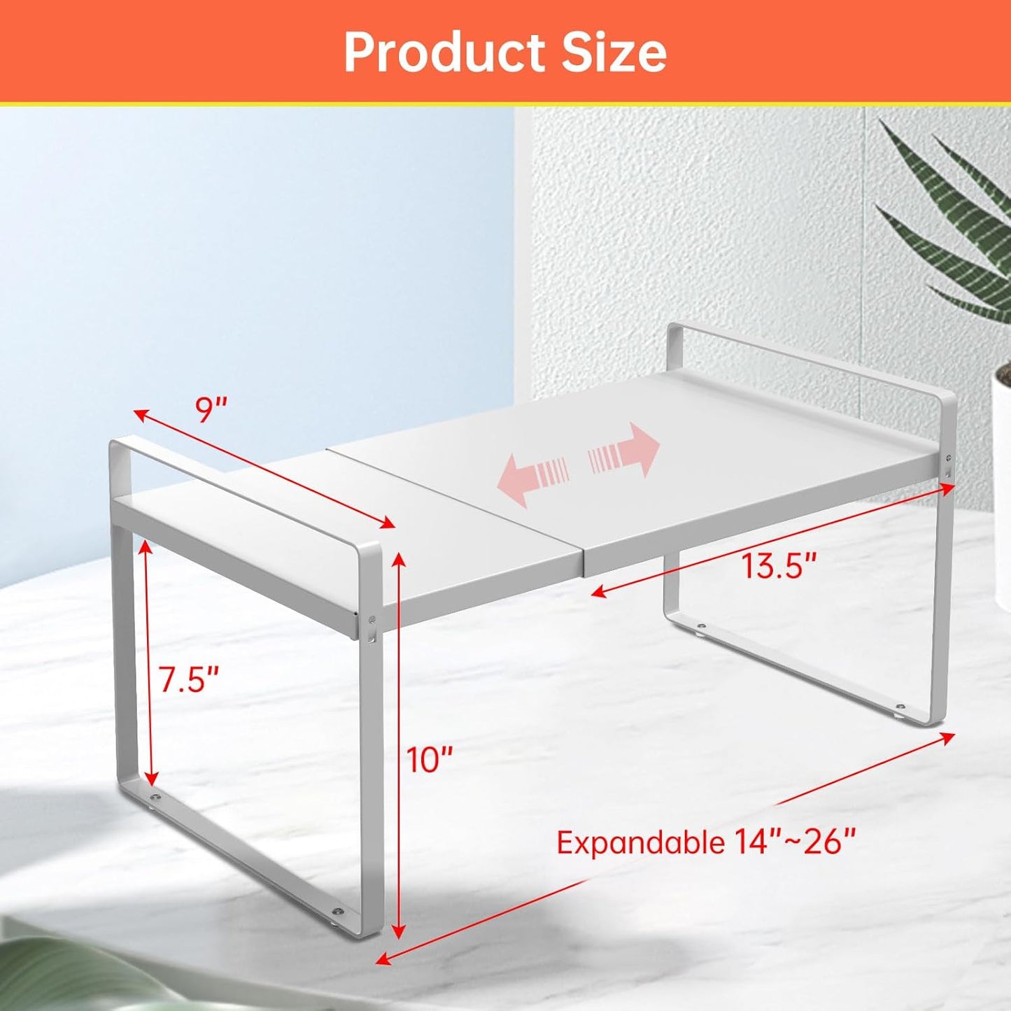 Expandable Cabinet Shelf Organizer Rack 9 inch, Pantry Organizer Lengthen from 14” to 25” ， Large Kitchen Cabinet Storage Shelf Rack， Storage Organizer white，Spice Rack Expandable Shelves,