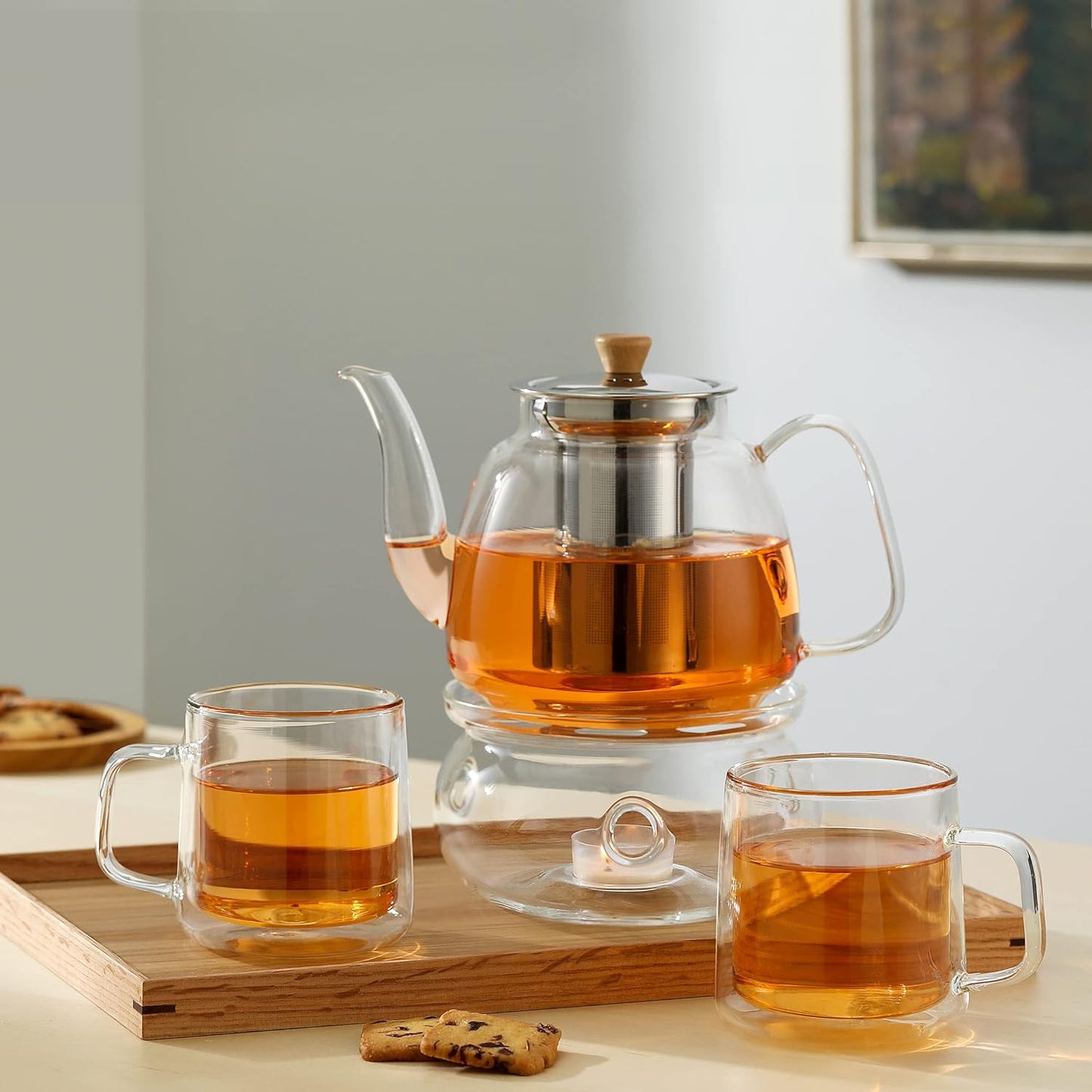 CNGLASS Glass Teapot with Removable Infuser 1100ml(37.5oz),Clear Tea Kettle Stovetop Safe,Blooming and Loose Leaf Tea Maker