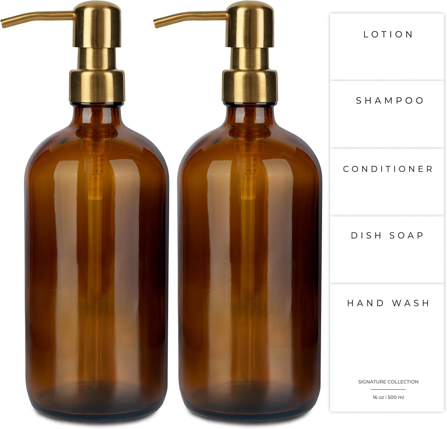 Emerson Essentials Glass Soap Bottle Dispensers, 2 Pack, Stainless-Steel Pumps Rust-Free, Hand Set for Bathroom Kitchen Sink, Liquid Lotion Shampoo Jars with 4 Waterproof Labels, 16 Oz Amber/Gold