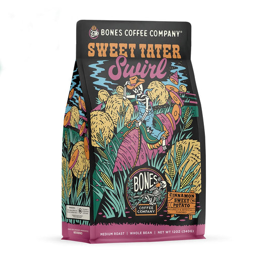 Bones Coffee Company Sweet Tater Swirl, Cinnamon Sweet Potato Flavored Coffee, Medium Roast Low Acid Arabica Beans Compatible with Auto drip and French Press Coffee Maker, 12 Oz Whole Bean