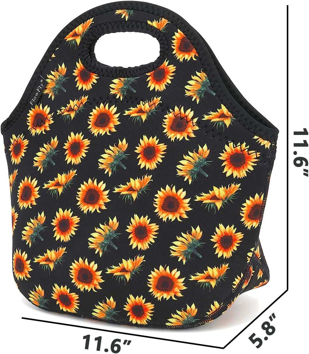 FlowFly Neoprene Lunch Tote Insulated Thermal Reusable Lunch Bag Box for Boys Men with Zipper (SunFlower)