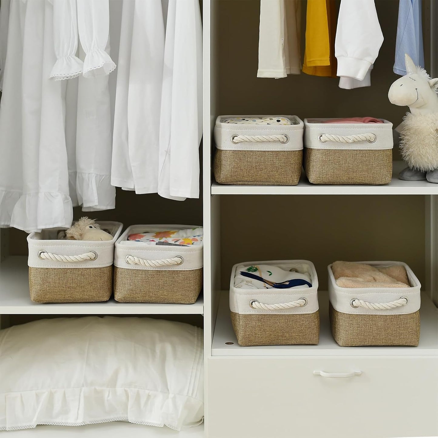 TheWarmHome Storage Basket for Organizing - 1 Pack 12x8x5.2 inch Baskets for Gifts Empty with Handles, Fabric Storage Cubes for Organizer Closet Dog Gift Cloth Toy (Whiet & Khaki)