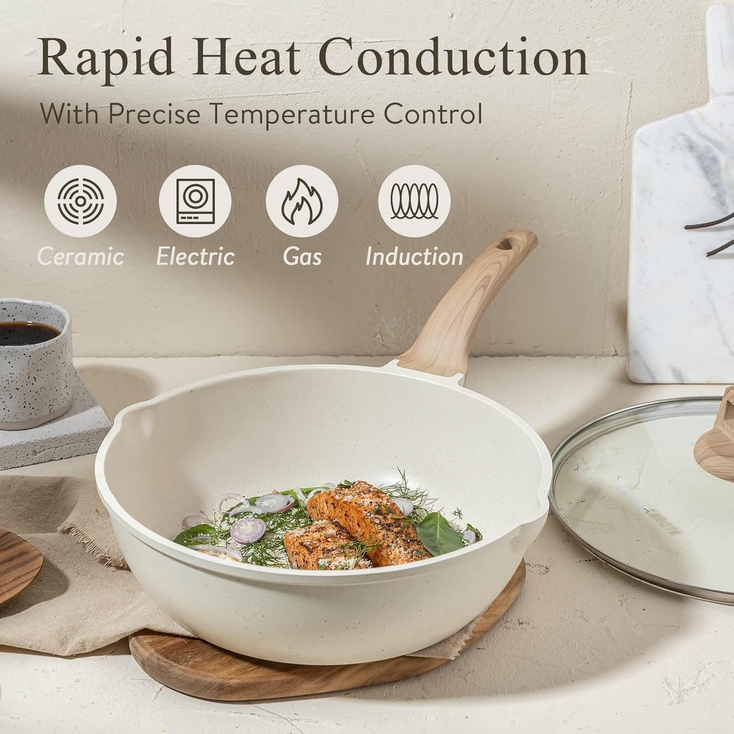 CAROTE 10Inch Nonstick Deep Frying Pan with Lid, 4.5Qt Jumbo Cooker Saute Pan with Pour Spout, Skillet Induction Cookware, Non Stick Cooking Pan Kitchen Pan PFOA Free, White Granite