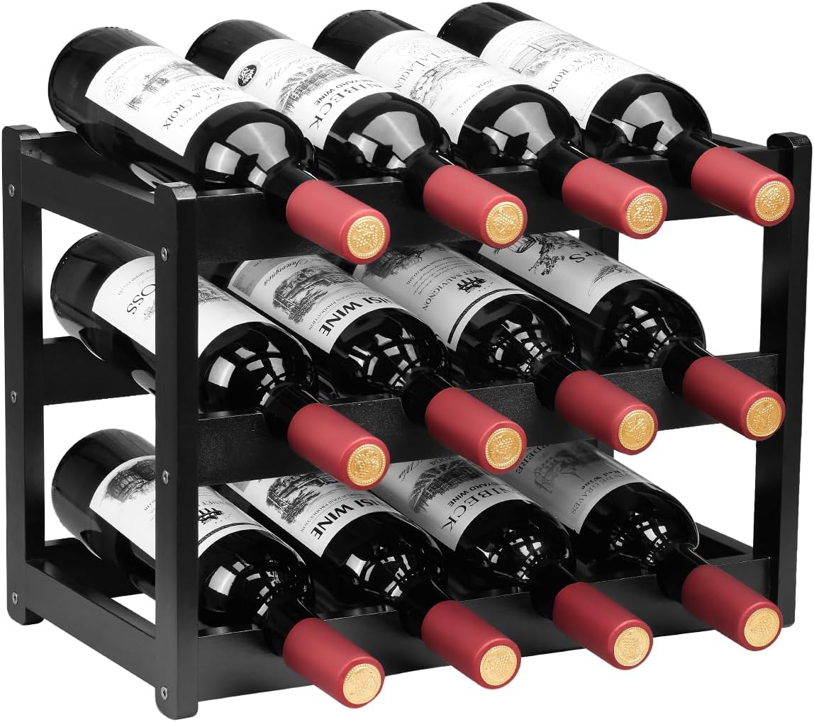 Bamboo Wine Rack, Sturdy and Durable Wine Storage Cabinet Shelf, Wine Racks Countertop for Pantry - 3 Tiers 12 Bottle Wine Rack, Black