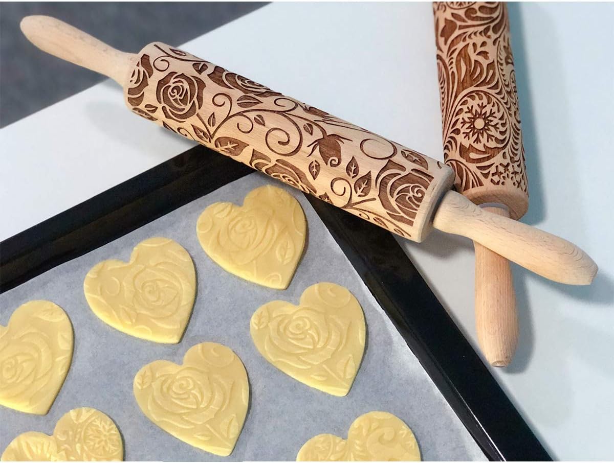 Floral Rose Embossed Rolling Pin for Baking Cookies Embossing Rolling Pins with Design Wooden Engraved Springerle Shortbread Roller Pin Flower Patterned Clay Pottery Ceramic Stamp Mold Bakers Women
