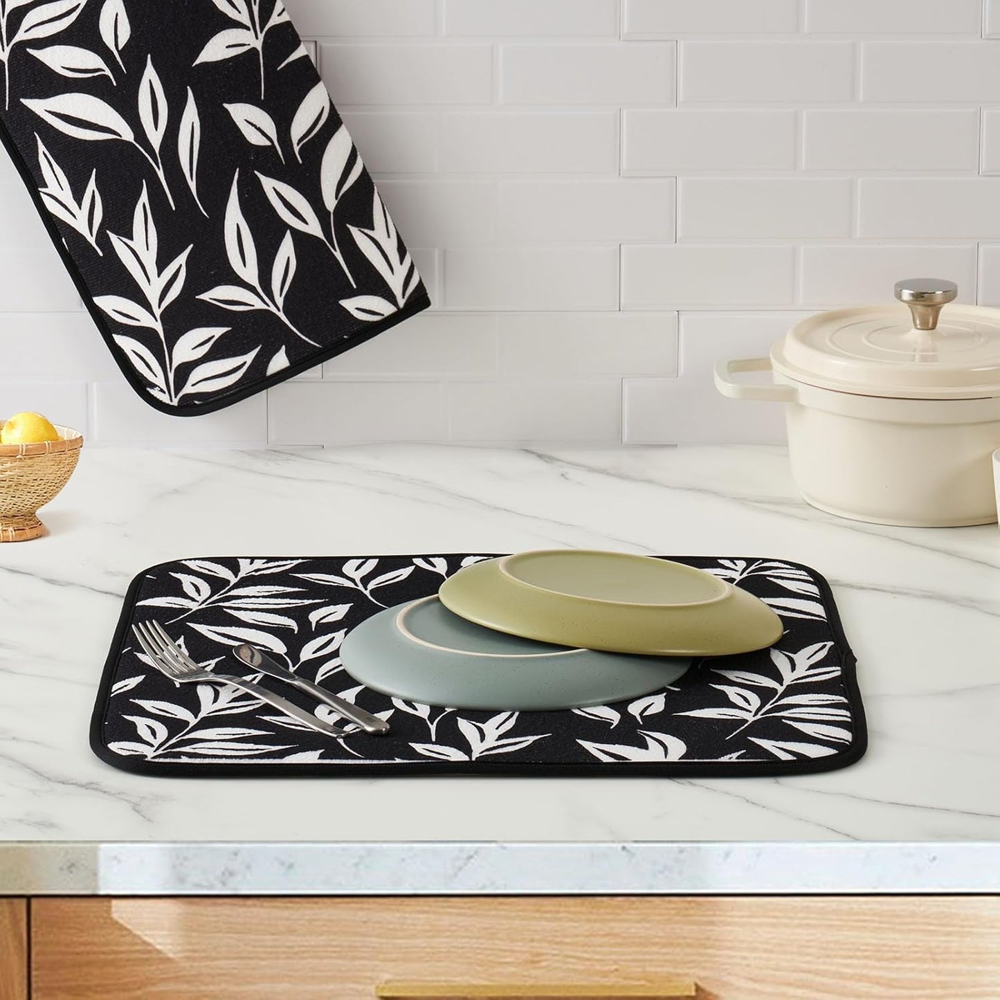 FRESHMINT Printed Dish Drying Mats for Kitchen Counter 2 Pack Absorbent Reversible Drying Mats Microfiber Kitchen Countertop Protector Dishes Drying Pad Extra Large 18"x24" Dish Mat