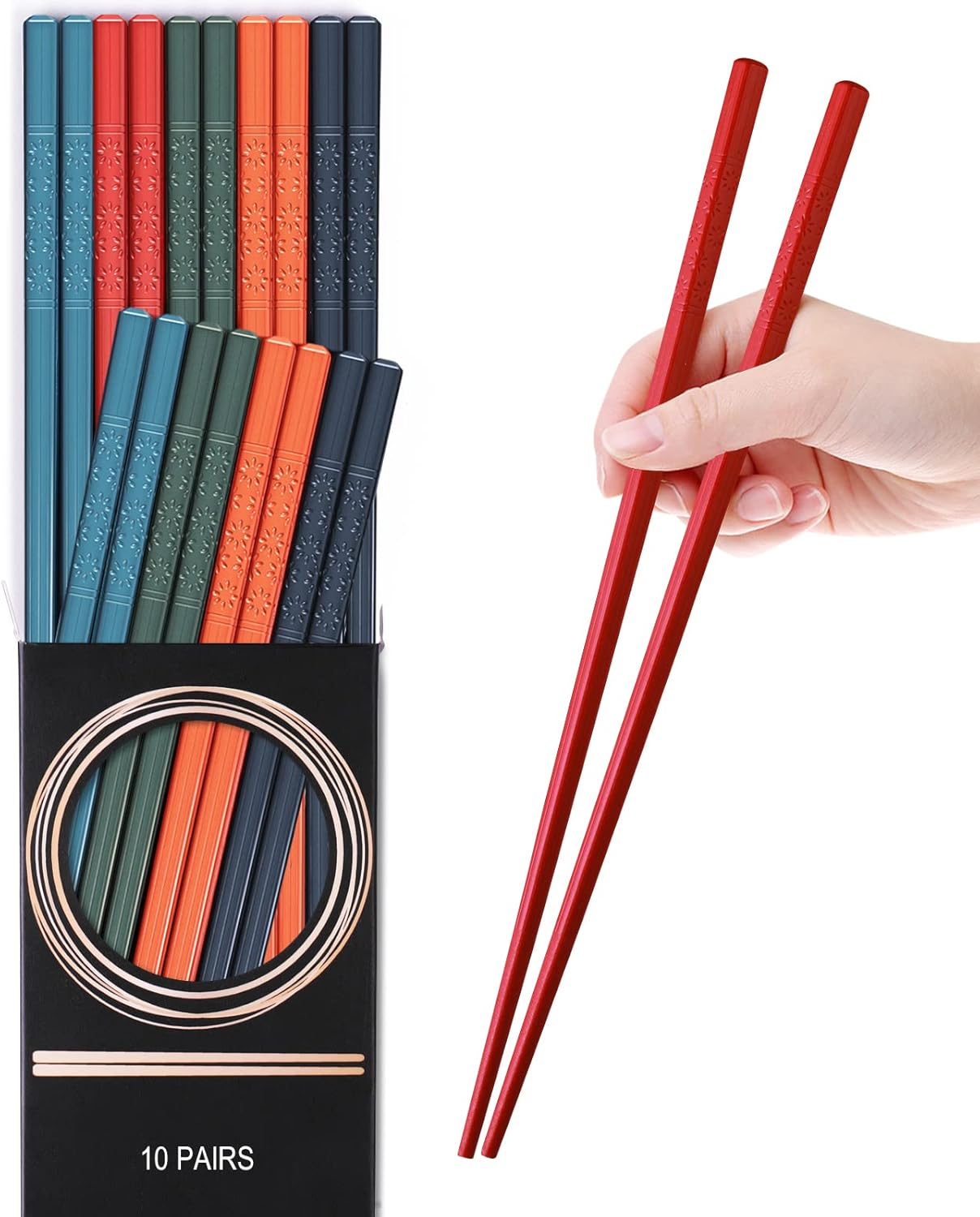 10 Pairs Reusable Fiberglass Chopsticks Dishwasher Safe, GLAMFIELDS Premium Multicolor Japanese Style Chop Sticks for Sushi, Anti-slip, Lightweight, 9 1/2 inches