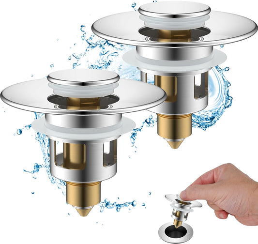 Hibbent 2 Pack All Metal Universal Bathroom Sink Stopper for 1.1''~2.3'' Basin, Pop Up Sink Drain Strainer, Brass Bullet Core Push Type Stopper, Stainless Steel Anti Clogging Drain Filter, Chrome