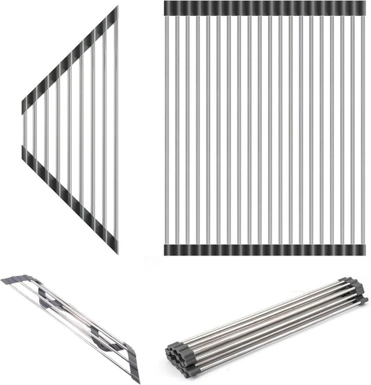 Dowell Over The Sink Roll-Up Dish Drying Rack, Foldable Tube Design, Space Saving Sink Organizer, Sturdy, Easy to Clean, Stylish Look - Triangle+Rectangular - Stainless Steel