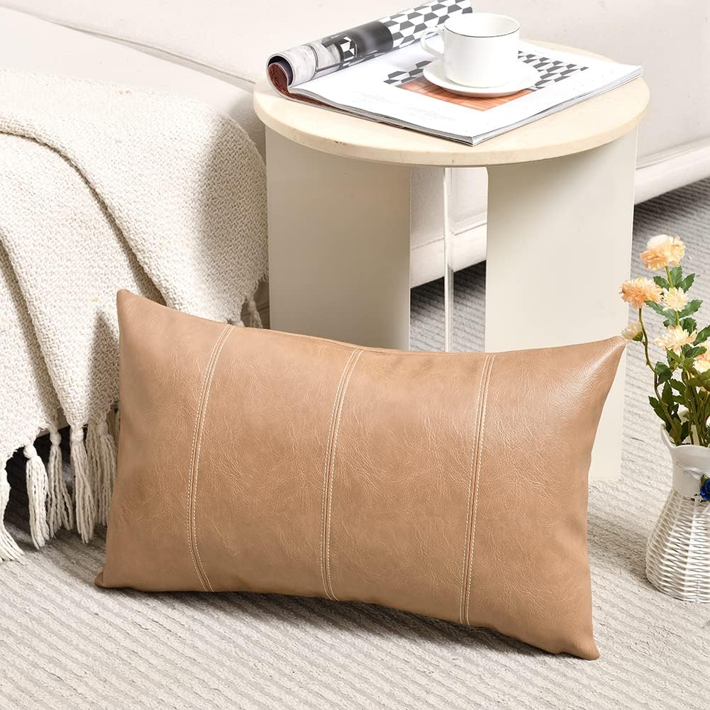 Fancy Homi Tan Lumbar Waterproof Faux Leather Decorative Throw Pillow Covers 12x20 Inch for Living Room Couch Bed, Beige Hand Stitched Cushion Case 30x50 cm, Taupe Modern Farmhouse Home Décor