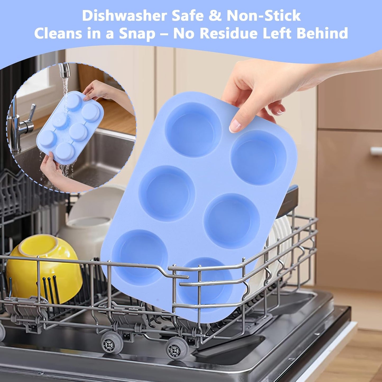 3-Pack 6-Cup Silicone Muffin Pans, Nonstick Cupcake Baking Molds, BPA/PFA-Free, Dishwasher & Oven Safe - Blue