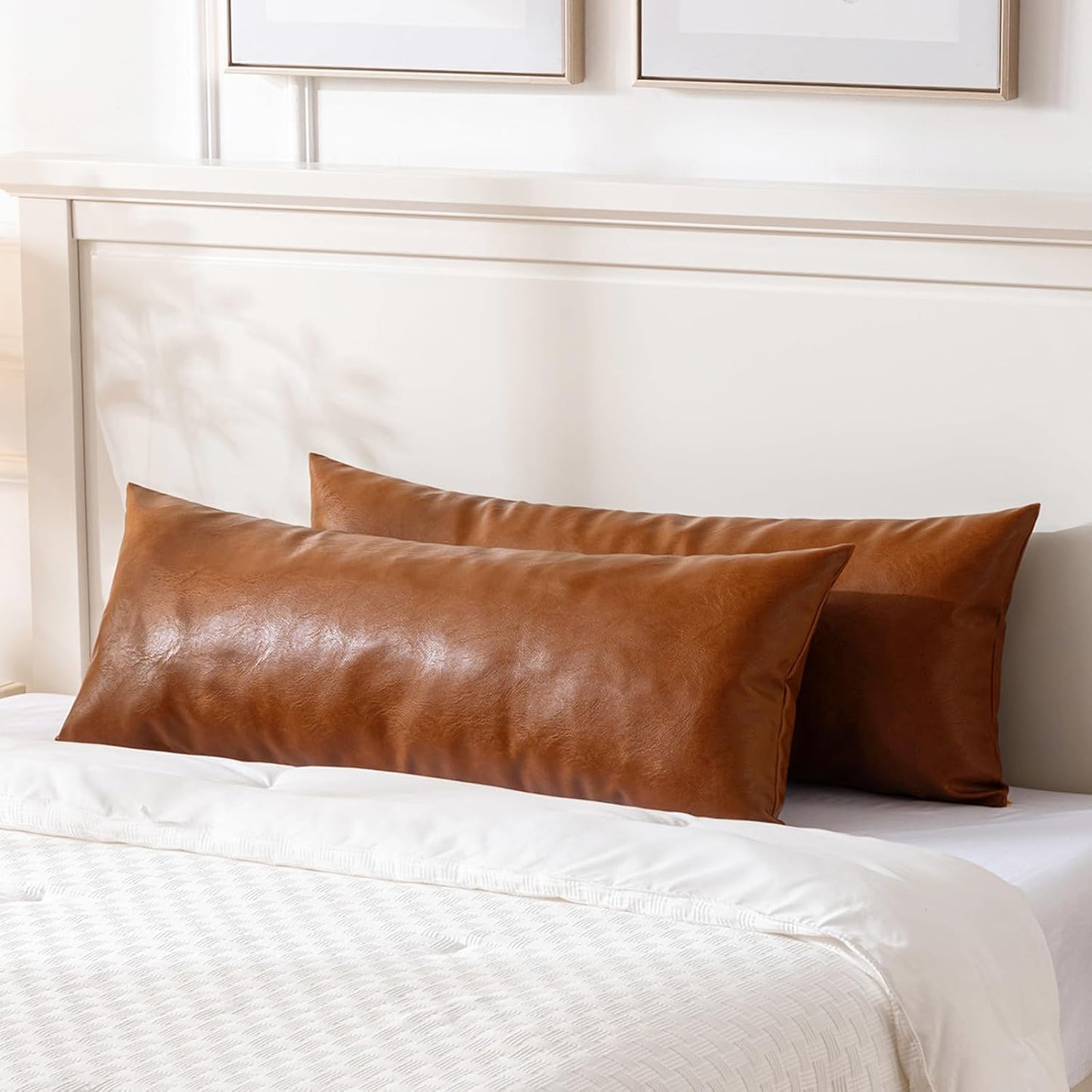 Fancy Homi Brown Boho Long Lumbar Faux Leather Body Decorative Throw Pillow Cover 14x36 Inch for Bedroom Couch Bed Bench, Thick Stylish Solid Rectangle Pillowcase, Rustic Modern Farmhouse Room Decor