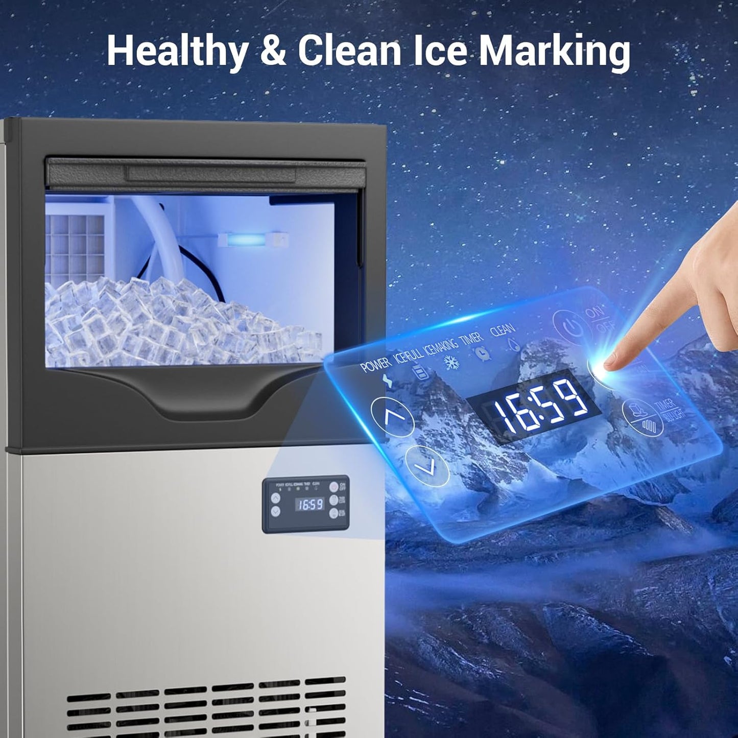 Commercial Ice Maker Machine 15inch Wide 100LBS/24H Stainless Steel Under Counter Ice Machine, Ice Ready in 8-15 min Freestanding Ice Maker for Home Bars and Restaurants