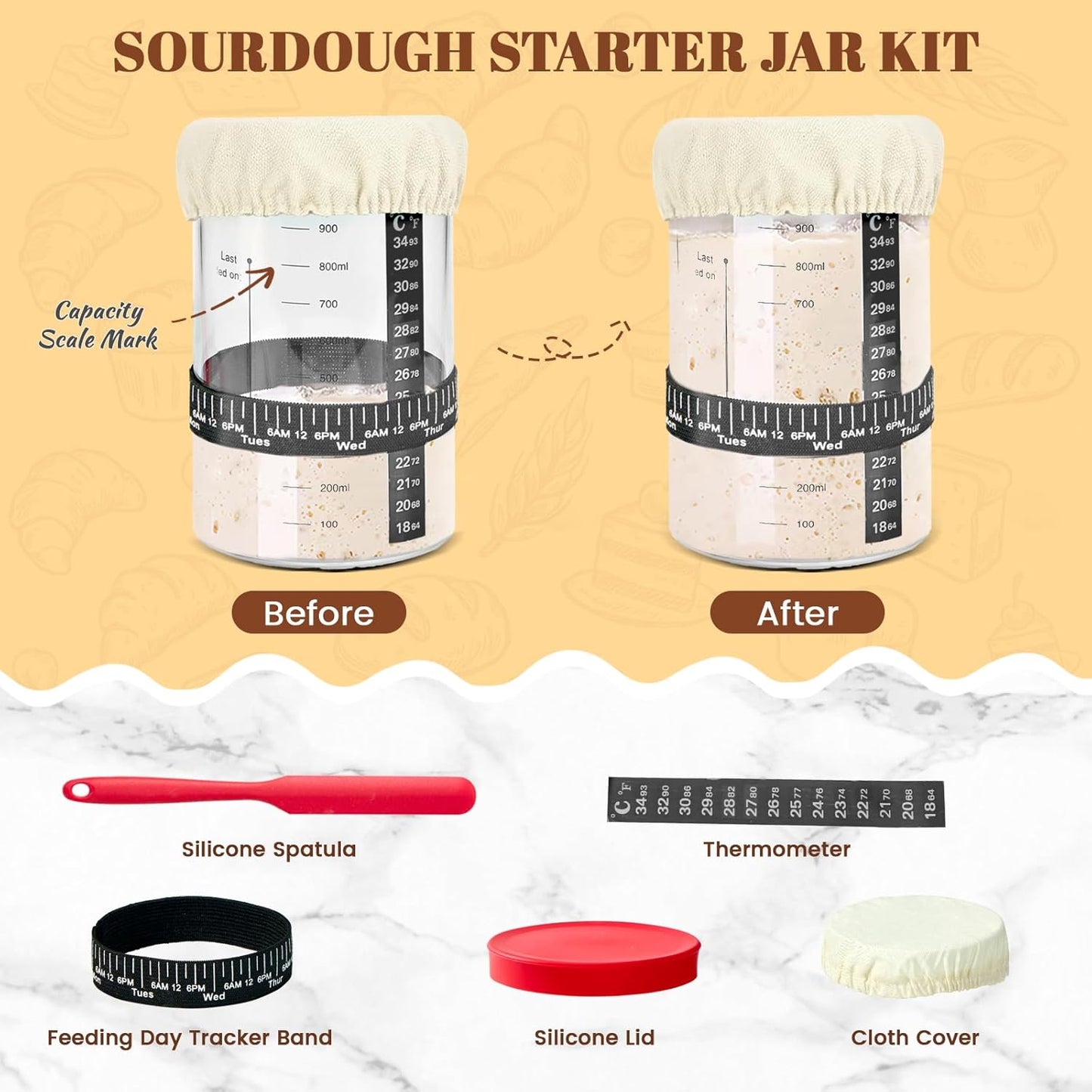 HASHMUST Banneton Bread Proofing Basket Kit, Sourdough Starter Jar Set, 9'' Round 10" Oval Fermentation Bowls Homemade Baking Supplies, Tools with Dough Whisk Cutter Lame Scraper Brush Scraper Bags